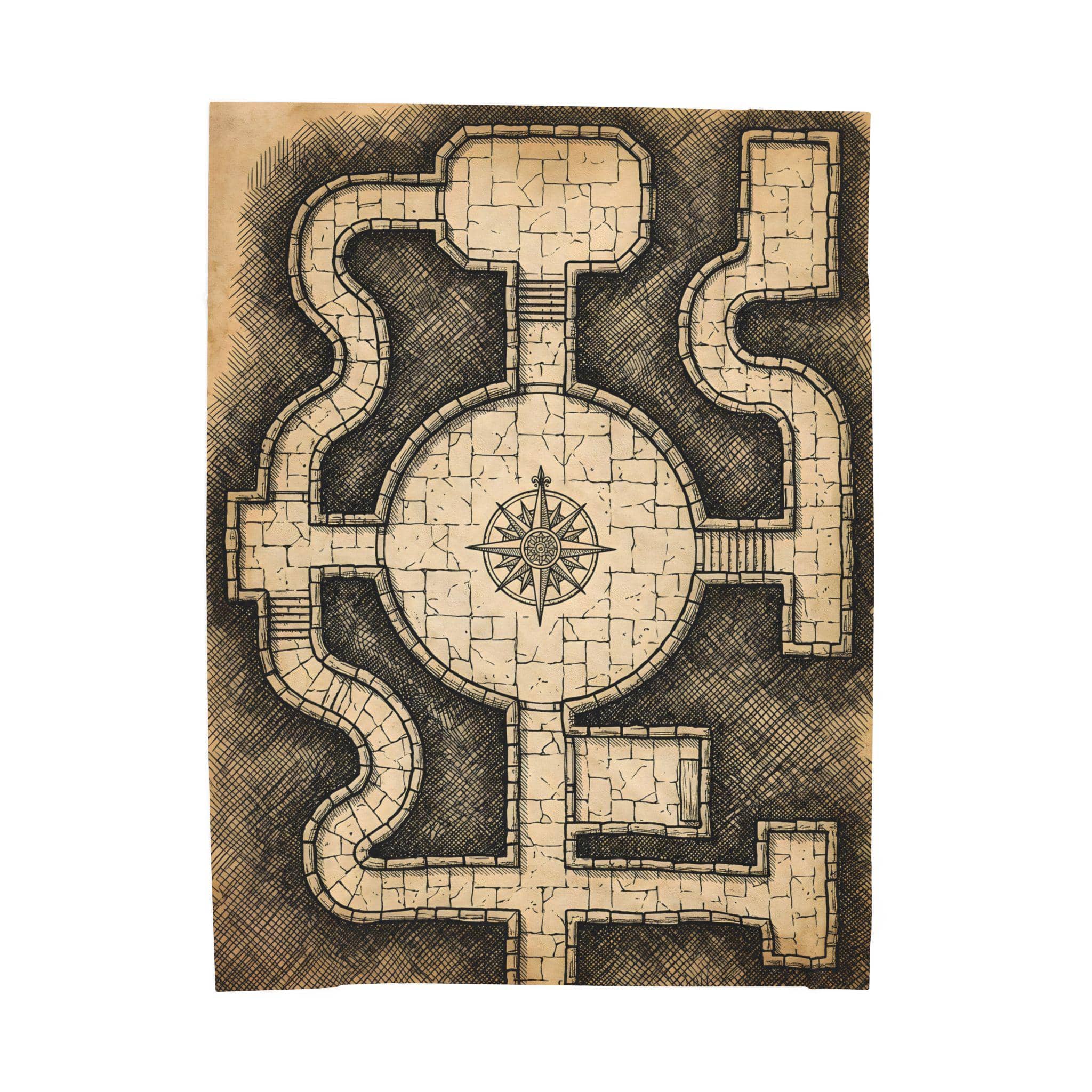 Ultra-soft fleece throw blanket printed edge-to-edge as a vintage hand-inked dungeon crawl floorplan with secret chambers and trap glyphs, front view