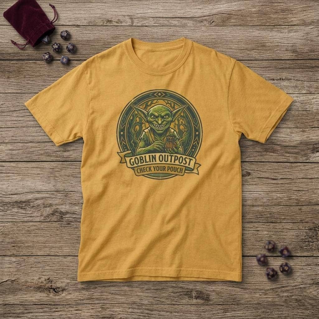 Deadpan national park style graphic tee warning tabletop adventurers to guard their coin pouches from grinning goblin scavengers, shown laid flat among dice