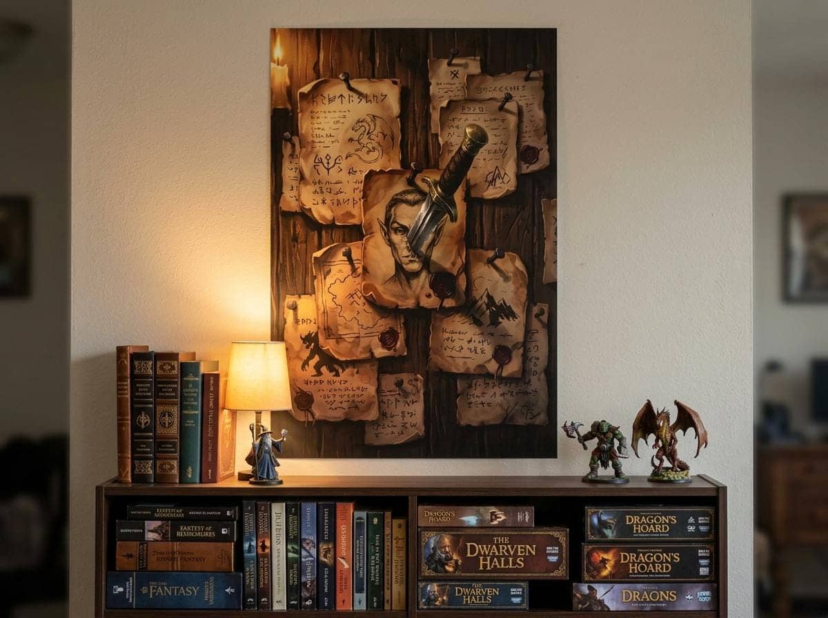 Transforms any room into a life-sized adventurer's tavern bulletin board pinned with scorched quest contracts, crimson wax seals, and an embedded iron dagger, printed on a poster, shown on the wall above a bookshelf