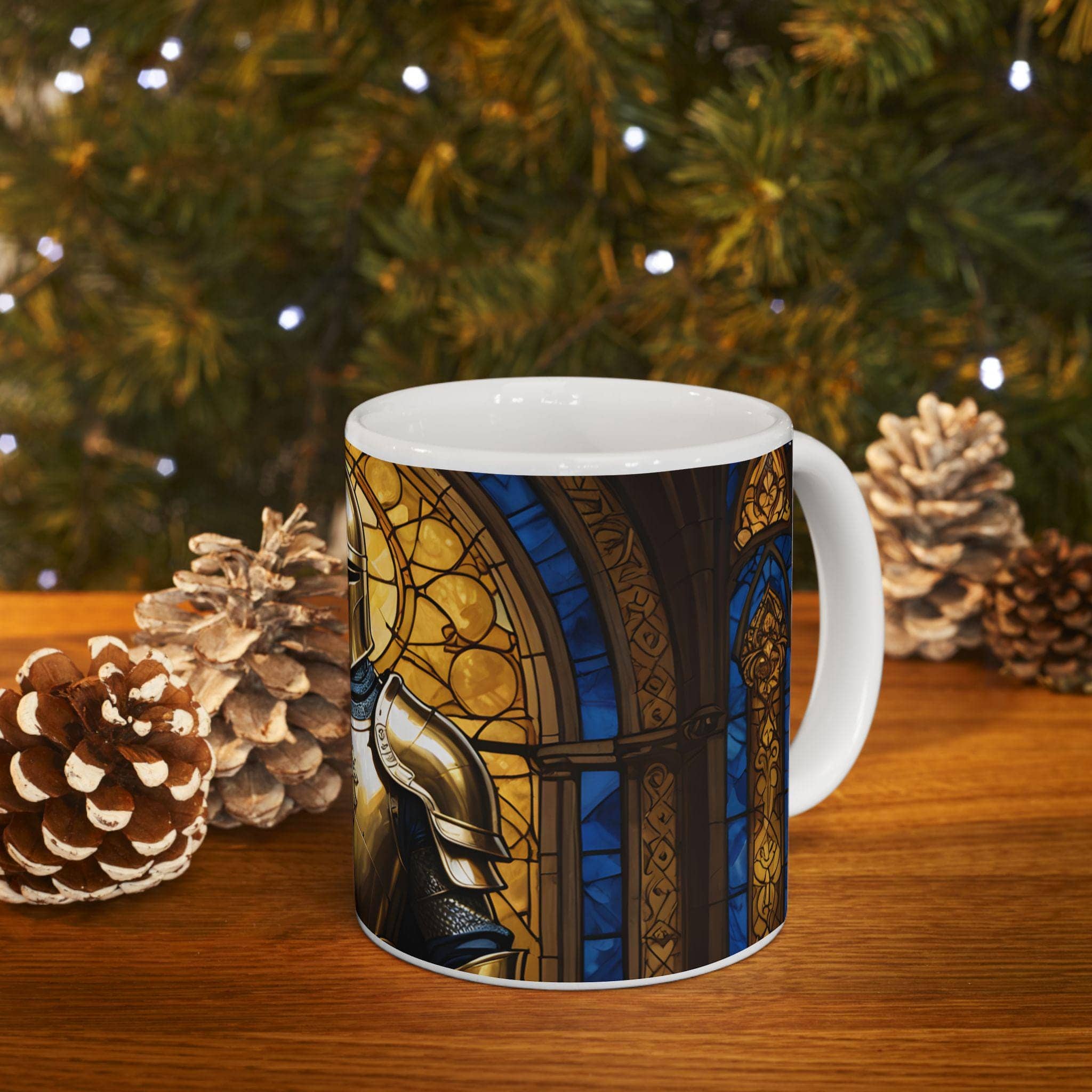 A beautifully illustrated mug that embodies the code of a paladin, in a room setting