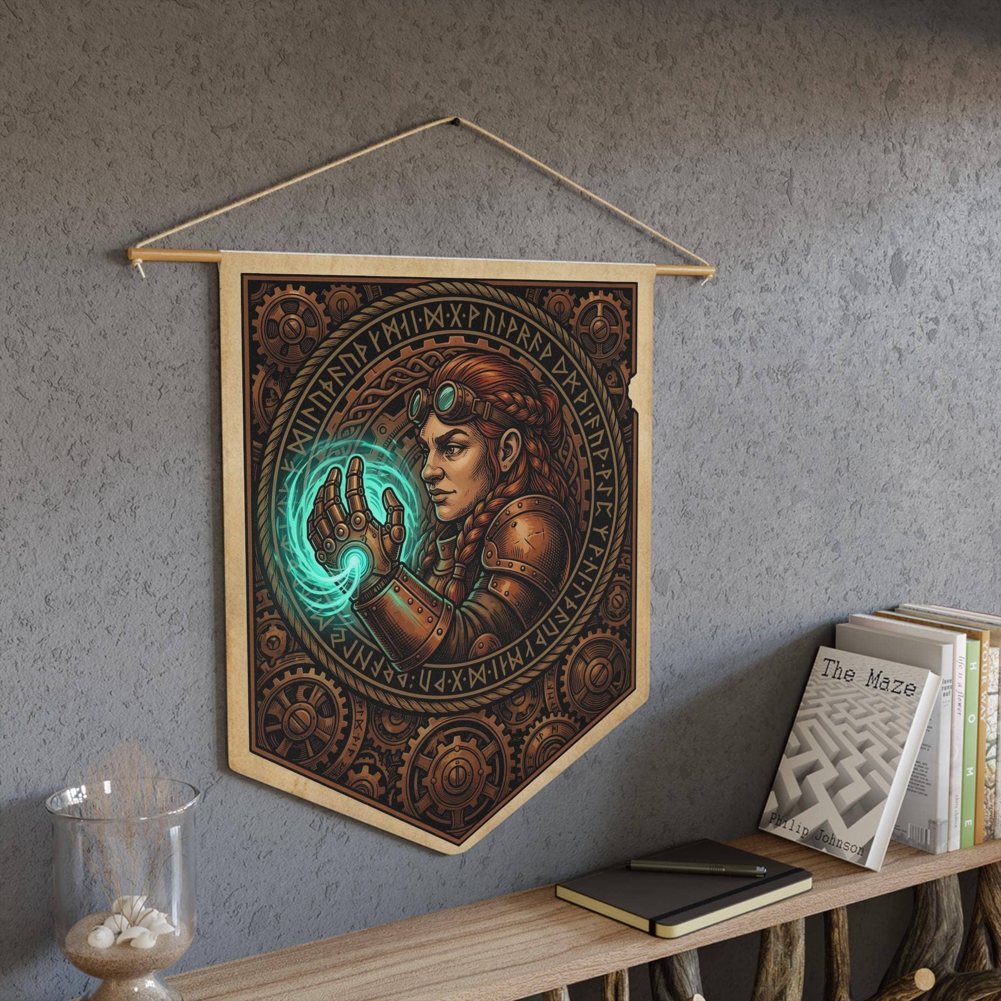 Vintage heraldic dwarf artificer pennant flag designed to elevate RPG campaign corners and gaming battle stations with authentic magical engineering heraldry, in a room setting