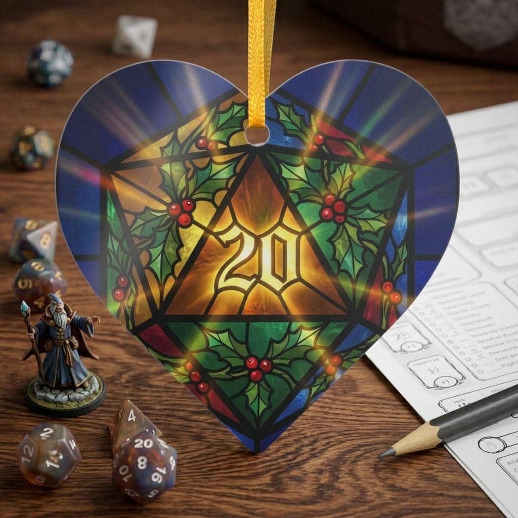 A celebratory tabletop holiday keepsake immortalizing a natural 20 critical hit, printed on an ornament, shown on the game table among dice and character sheets
