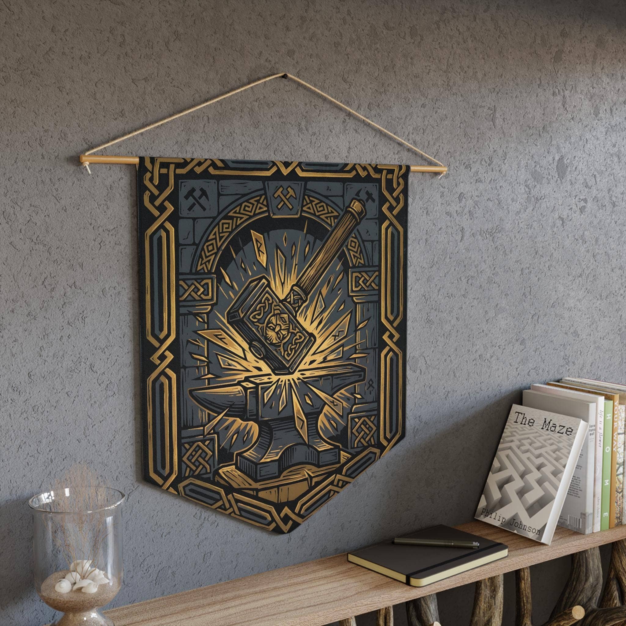 Heraldic felt wall hanging featuring an ancient dwarven clan forge emblem, printed on a pennant, in a room setting