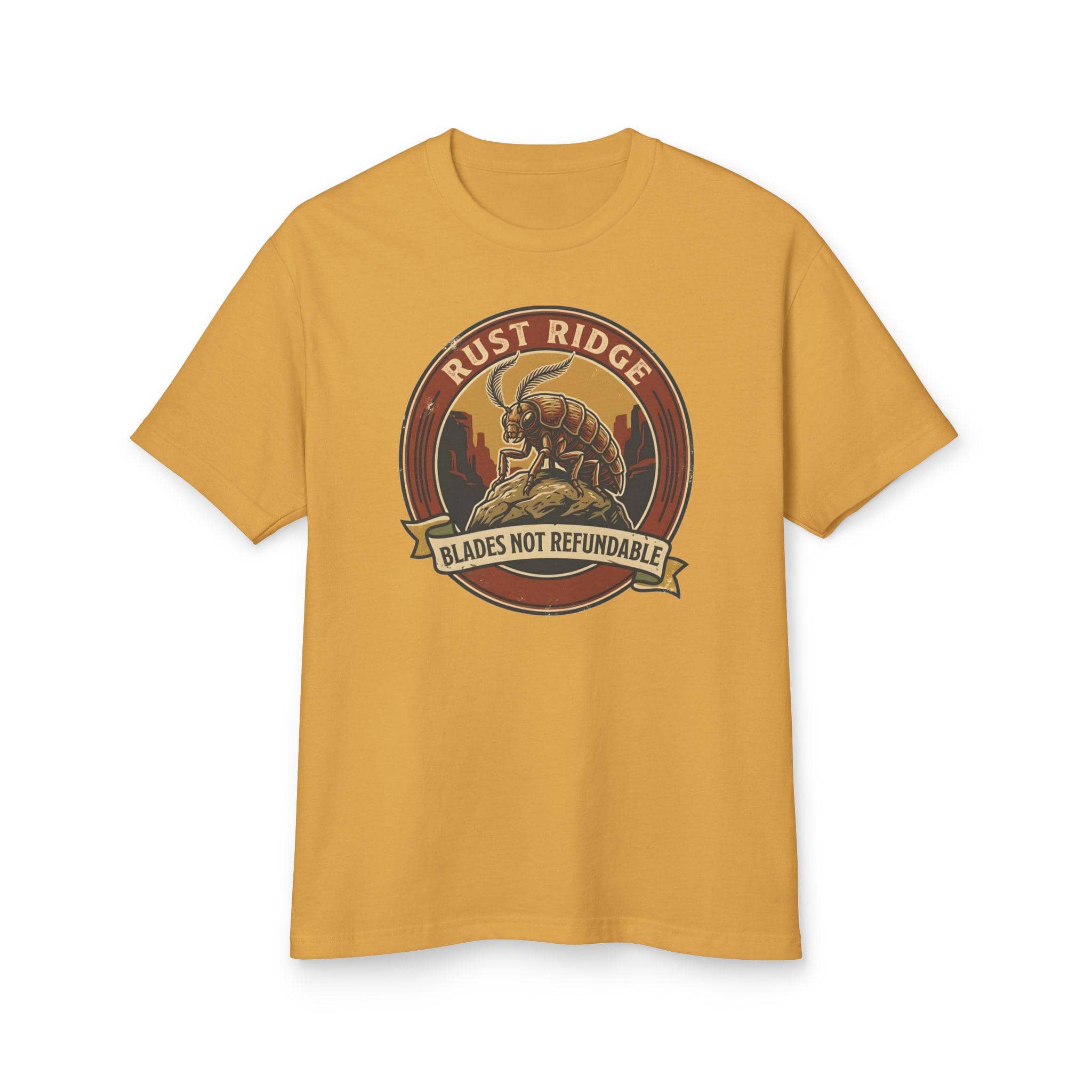 Vintage national park souvenir graphic tee featuring tabletop gaming's notorious metal-eating armored insectoid paired with a deadpan park ranger weapon warning for dungeon crawlers and roleplaying gamers, front view