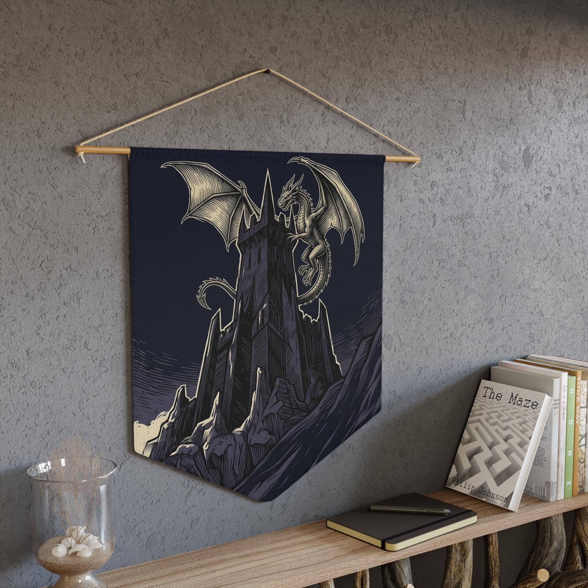 Triangular gothic wall banner featuring a towering obsidian fortress framed by celestial heraldry, in a room setting