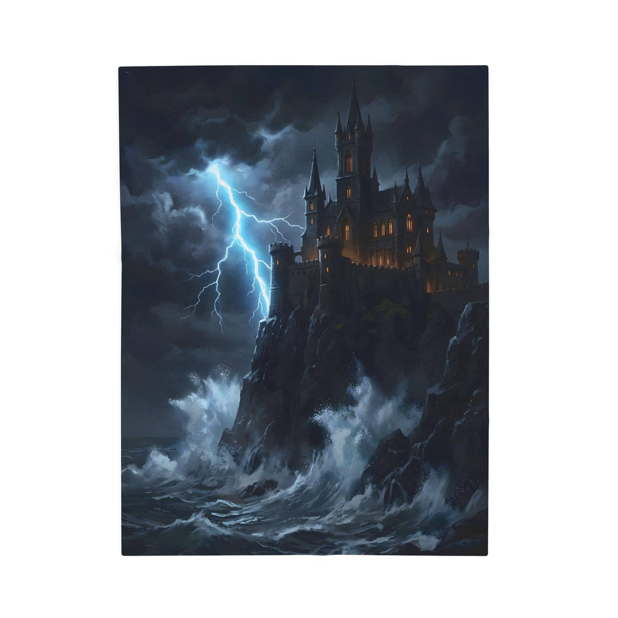 A rugged clifftop fortress defying ocean squalls and lightning, printed edge-to-edge on a plush sherpa throw blanket designed to keep players cozy during marathon tabletop campaign nights, front view