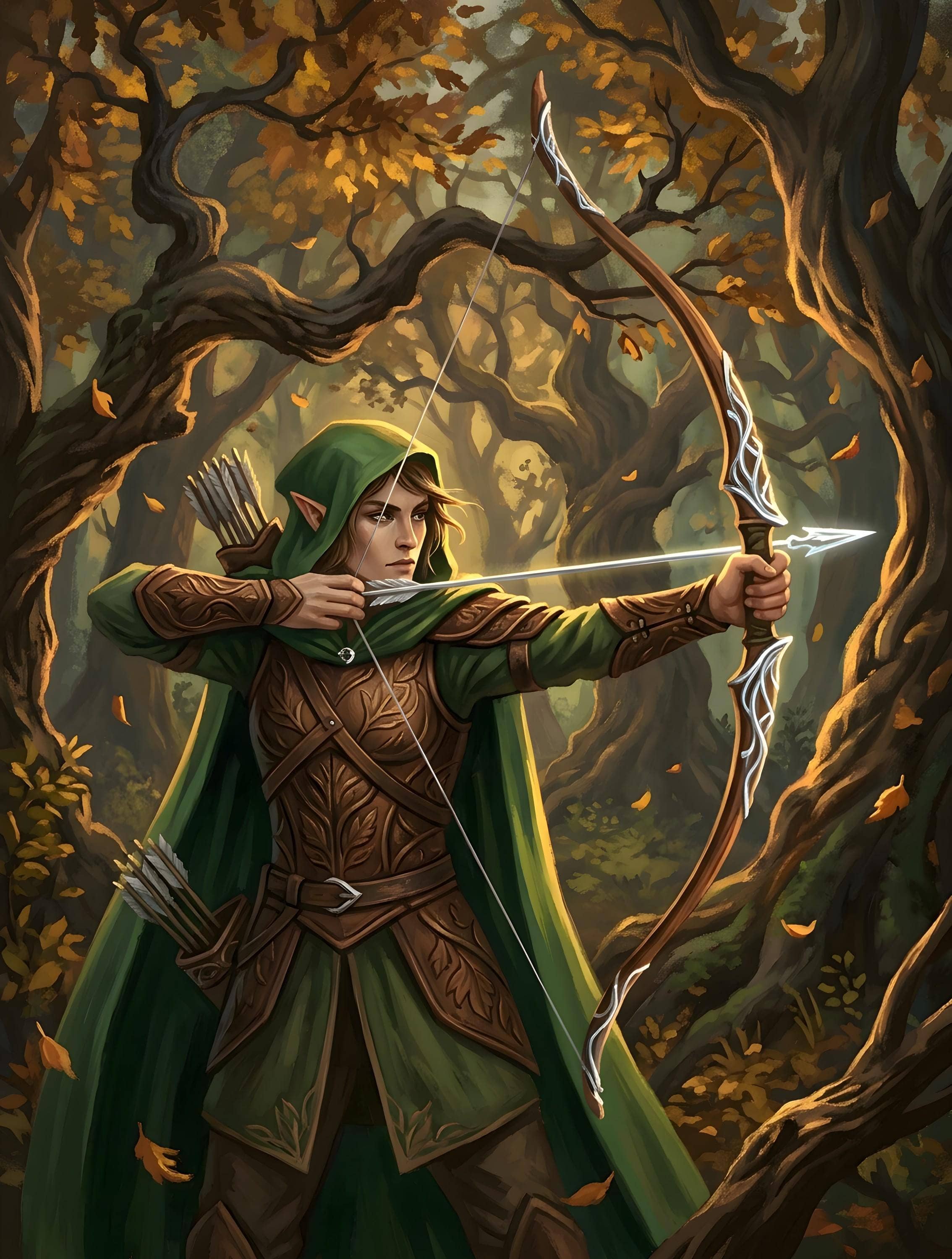 Cozy up during late-night gaming sessions with a plush sherpa-lined fleece throw blanket featuring a wood elf ranger nocking an arrow in an ancient autumnal woodland, the complete printed design shown flat, the artwork