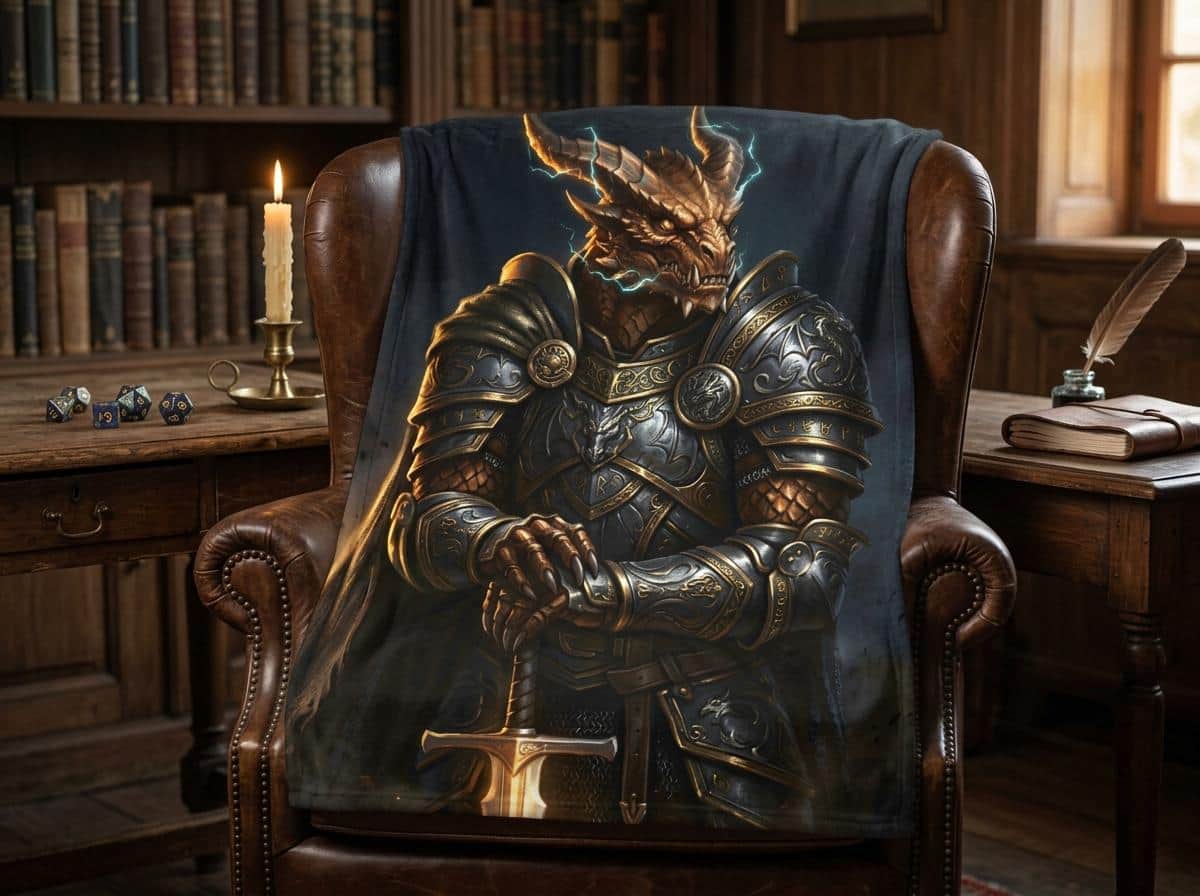 A plush fantasy throw blanket spotlighting a fierce bronze dragonborn paladin in etched plate armor, built to keep tabletop adventurers warm during long campaign sessions while doubling as dramatic game room wall or couch decor