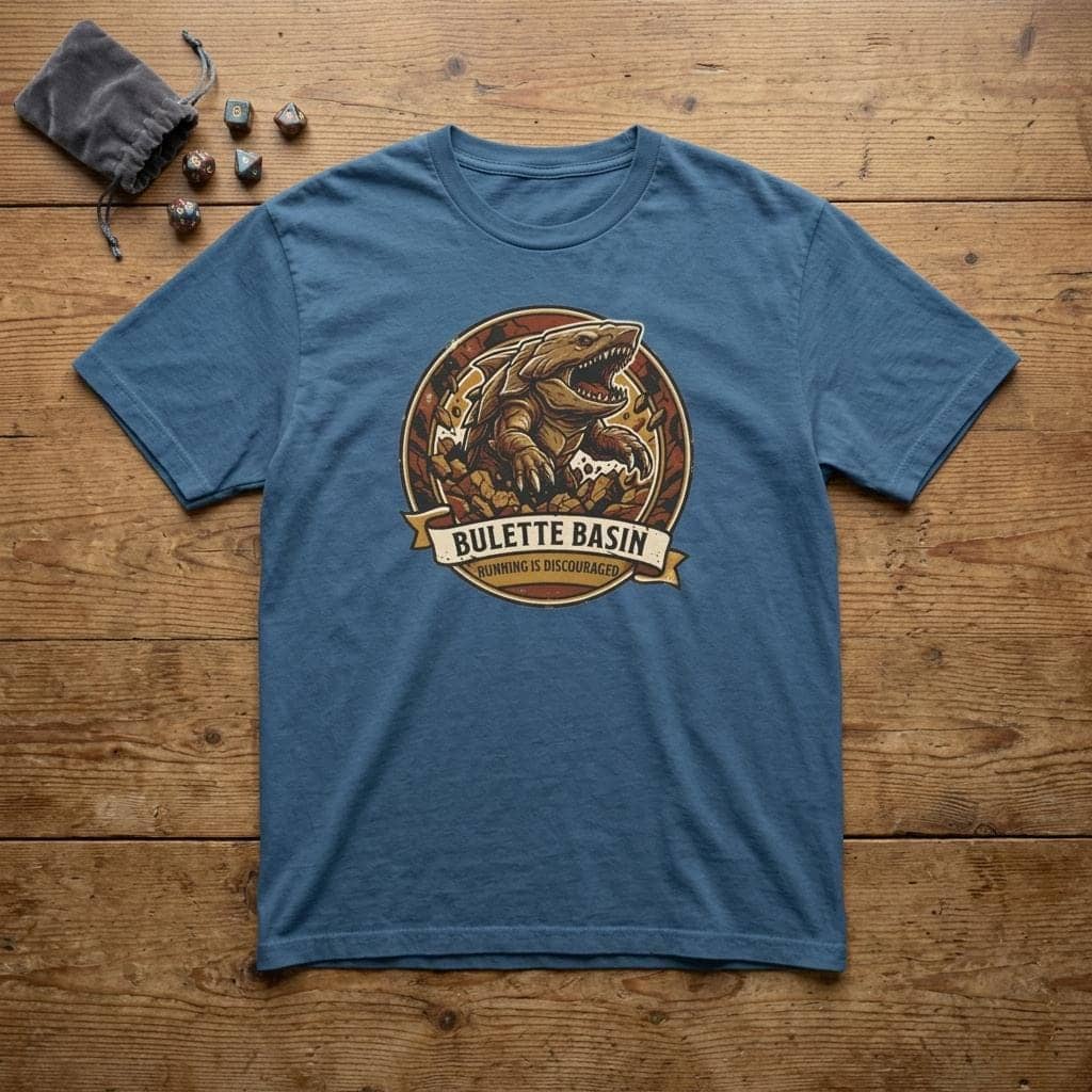 Vintage national park souvenir graphic tee featuring tabletop gaming's armored landshark burrower, paired with deadpan trail advice warning adventurers that running only draws its tremorsense, shown laid flat among dice