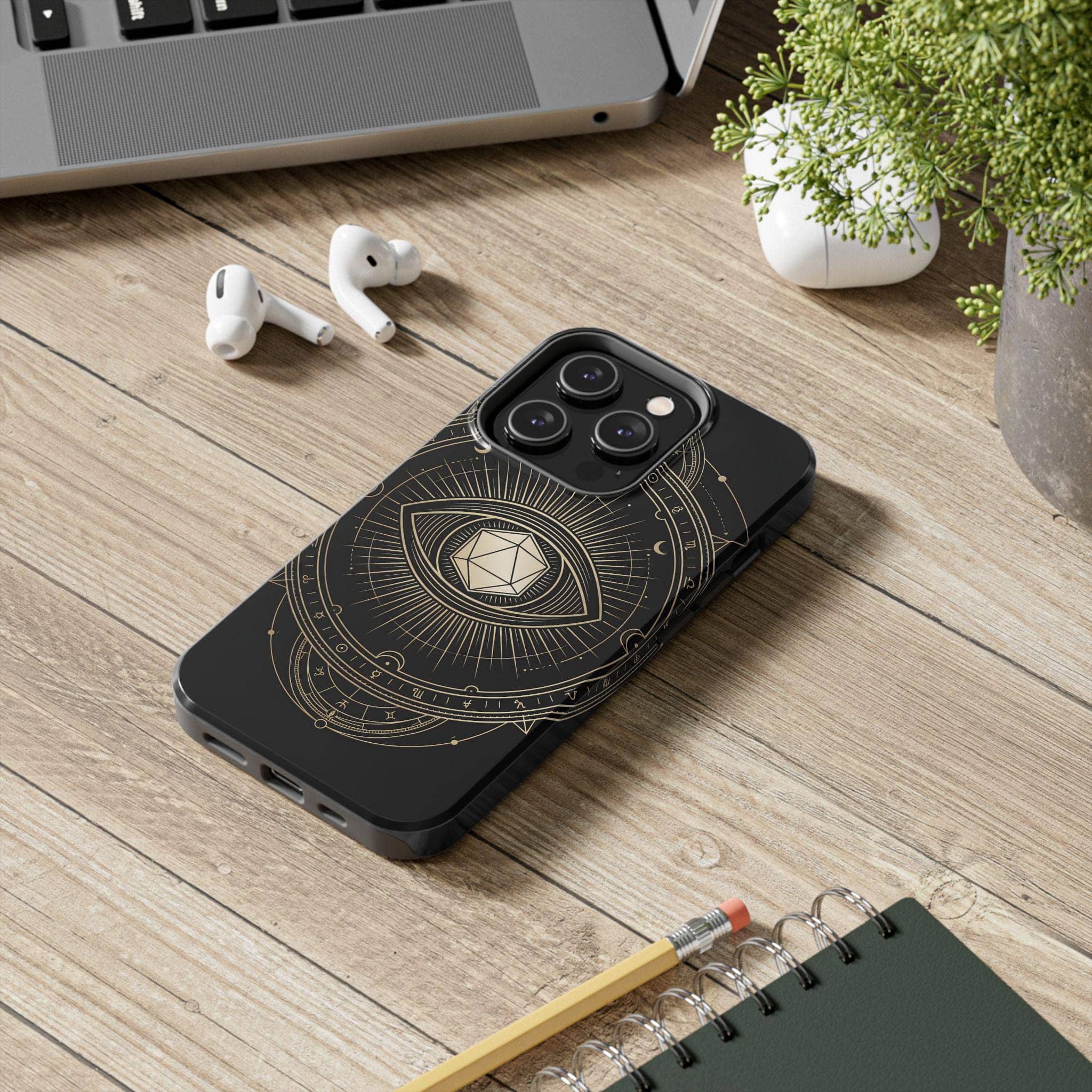 Transforms the buyer's phone into an arcane guardian talisman, flaunting a high passive perception check with an ornate d20 all-seeing eye, printed on a phone case, in a room setting
