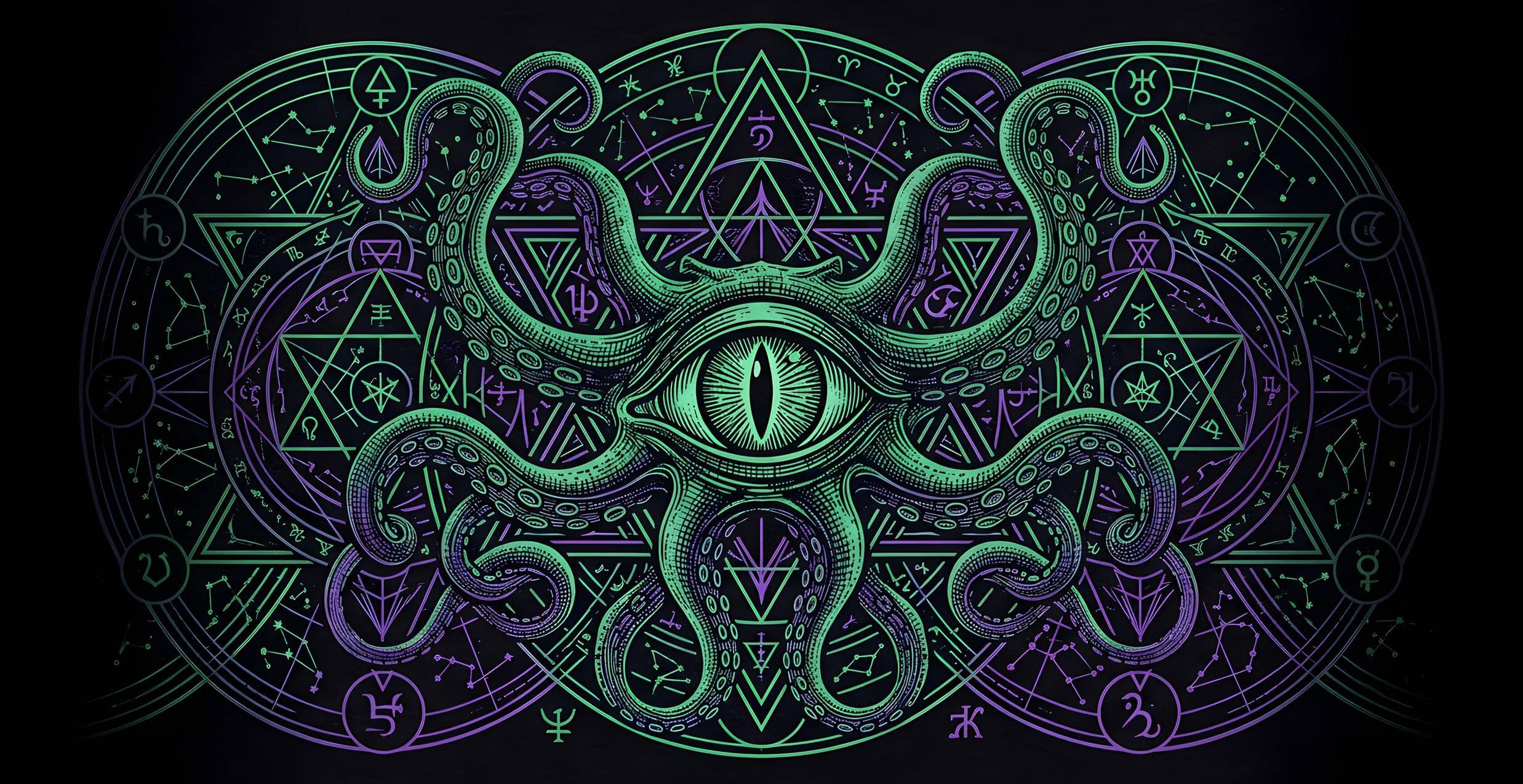 An atmospheric ceramic gaming mug emblazoned with an eldritch Great Old One patron crest, targeted at warlock players and dungeon masters fueling late-night campaign sessions, the complete printed design shown flat, the artwork
