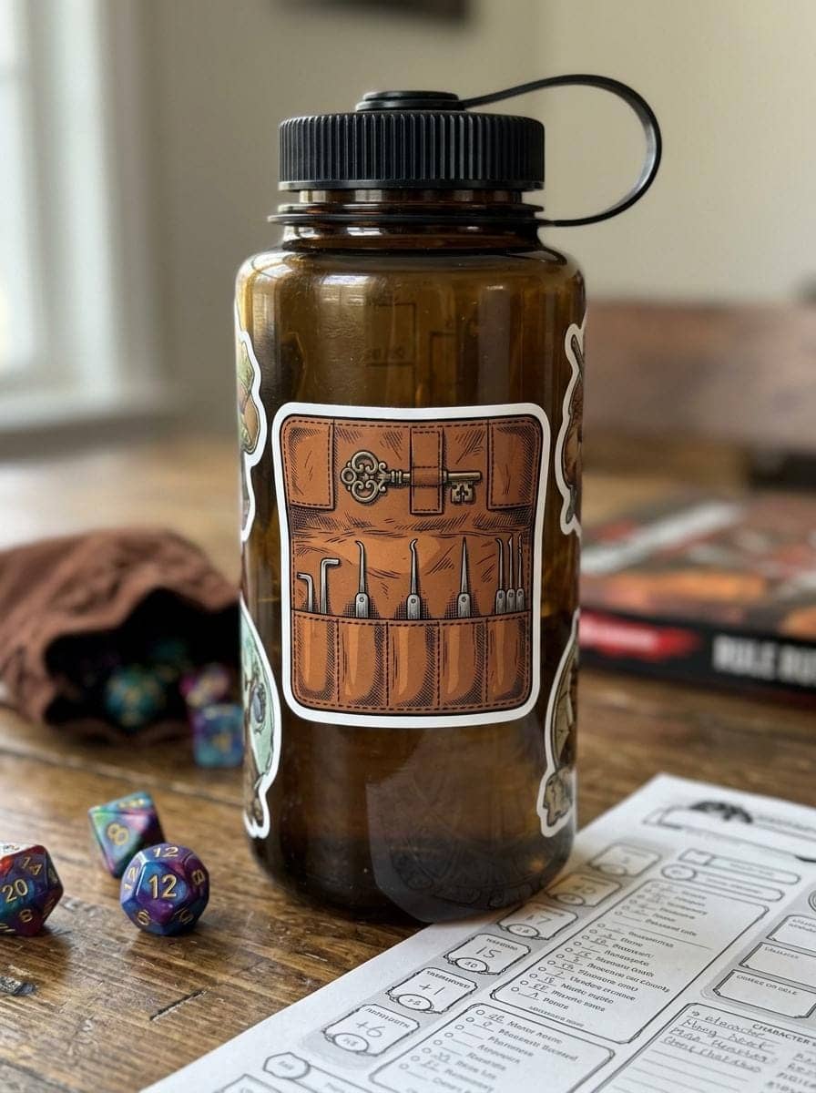 A detailed kiss-cut vinyl decal featuring an unrolled rogue's leather lockpick kit, shown on a water bottle