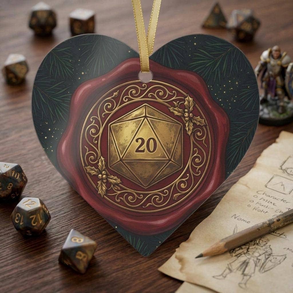 A round ceramic holiday ornament rendered as an ornate adventurers' guild wax seal with a gilded D20, shown on the game table among dice and character sheets