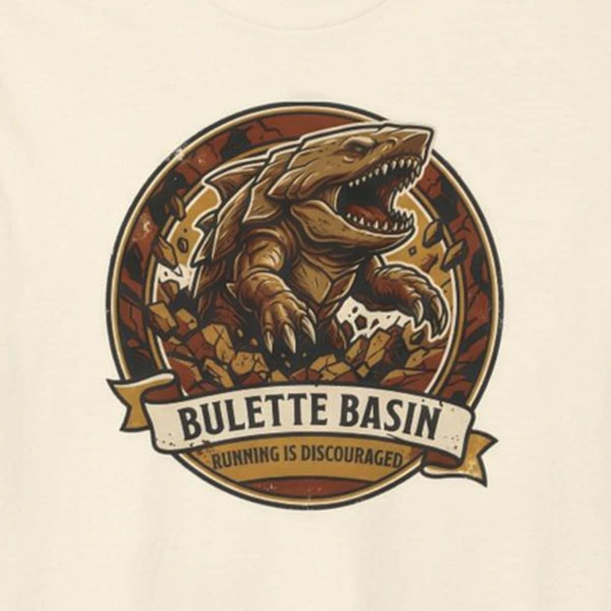 Vintage national park souvenir graphic tee featuring tabletop gaming's armored landshark burrower, paired with deadpan trail advice warning adventurers that running only draws its tremorsense, the printed design seen close up - close-up photo