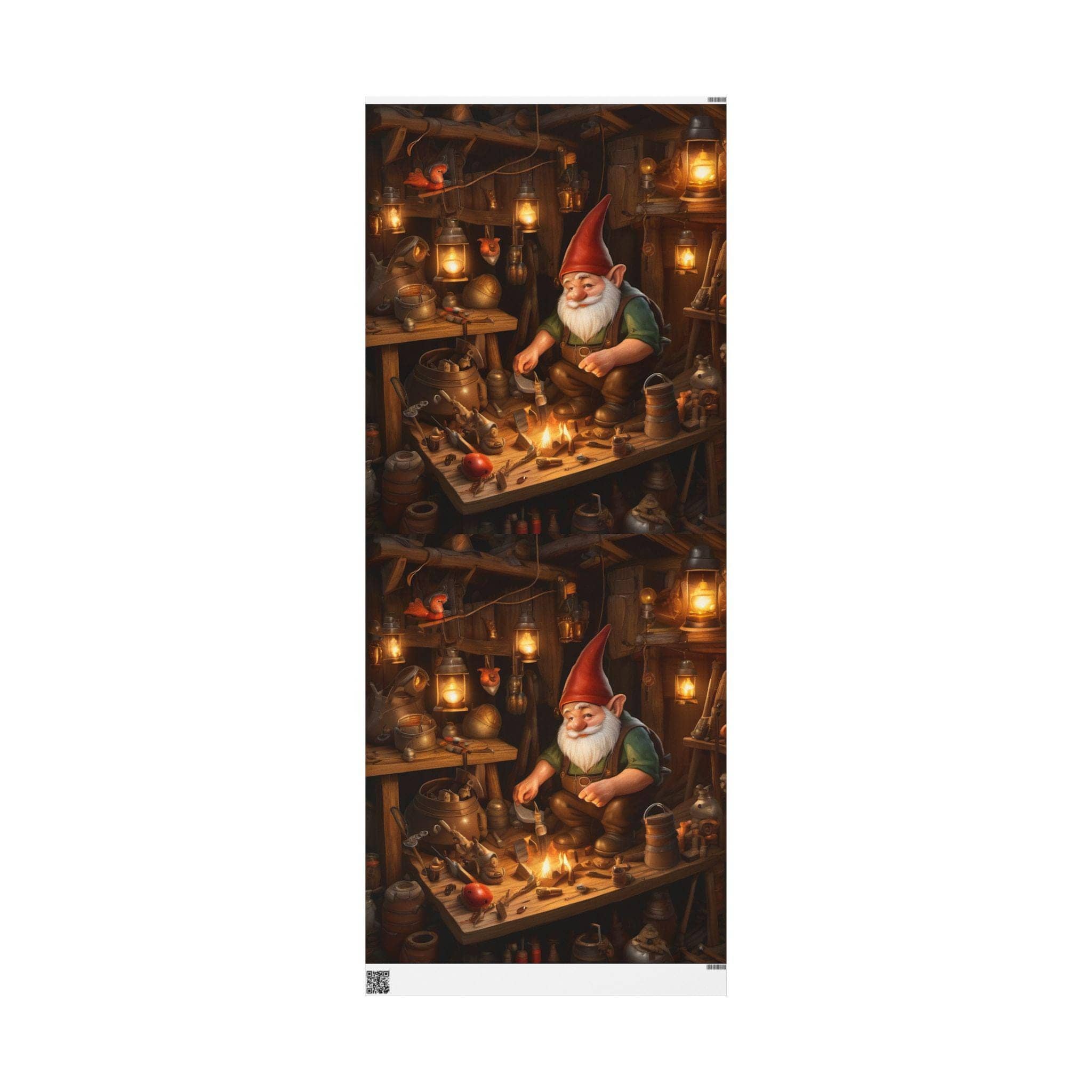 A wrapping paper design featuring a whimsical gnome workshop from the tabletop roleplaying universe