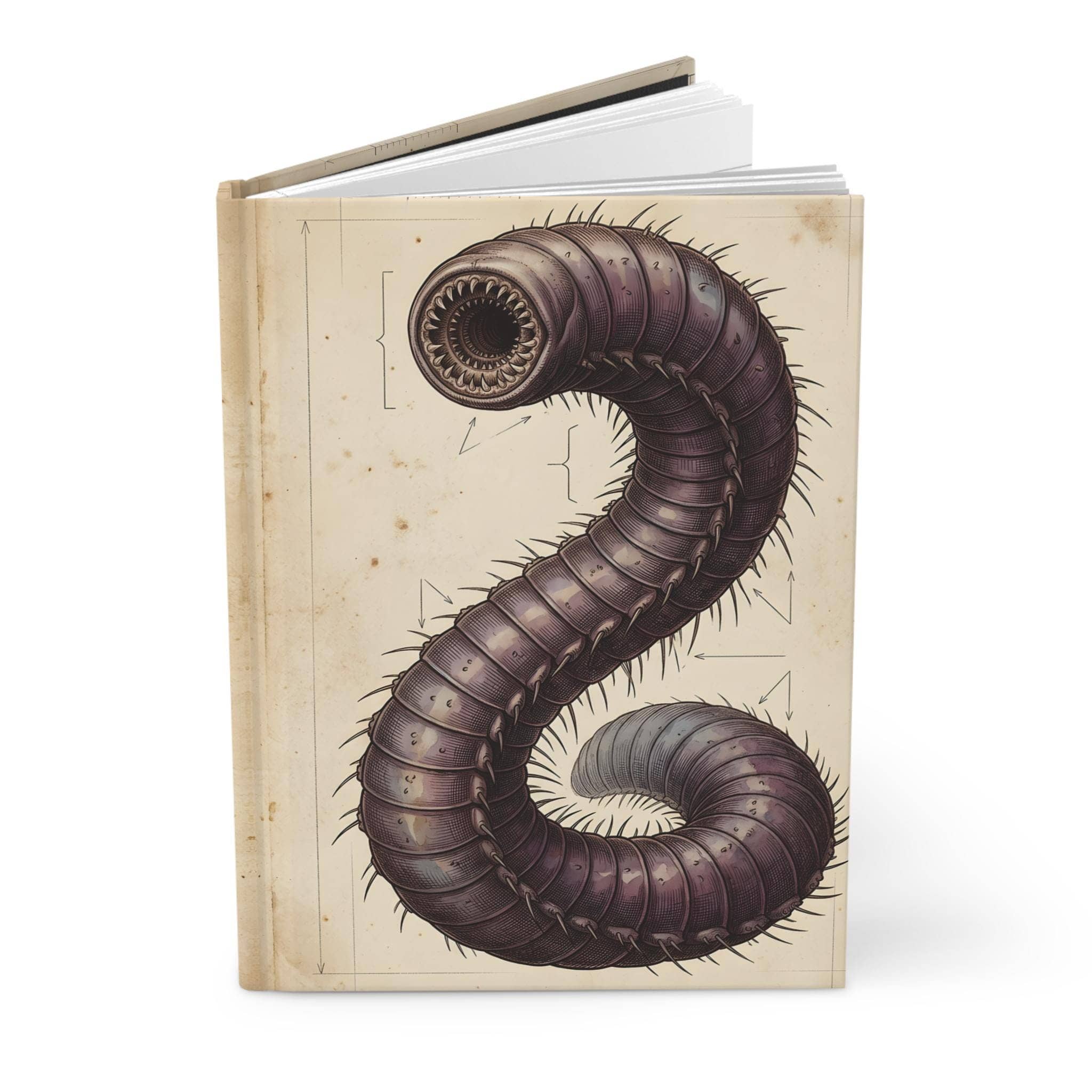 An in-world Underdark naturalist journal cover depicting an authentic specimen study of the gargantuan Purple Worm, opened