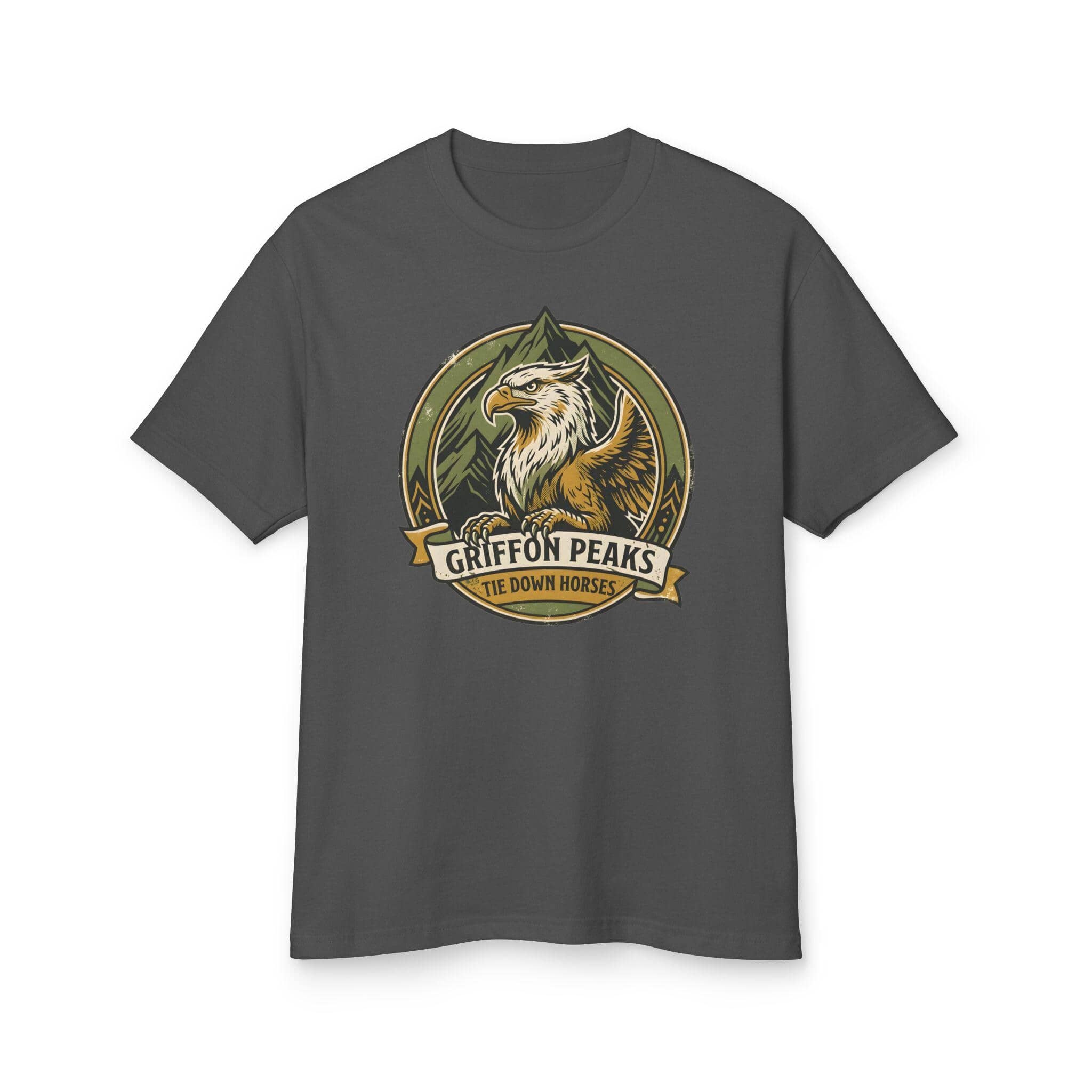 Vintage national park parody tee featuring a noble mountain griffon alongside a deadpan ranger warning for traveling adventurers to keep their prized mounts secured, front view