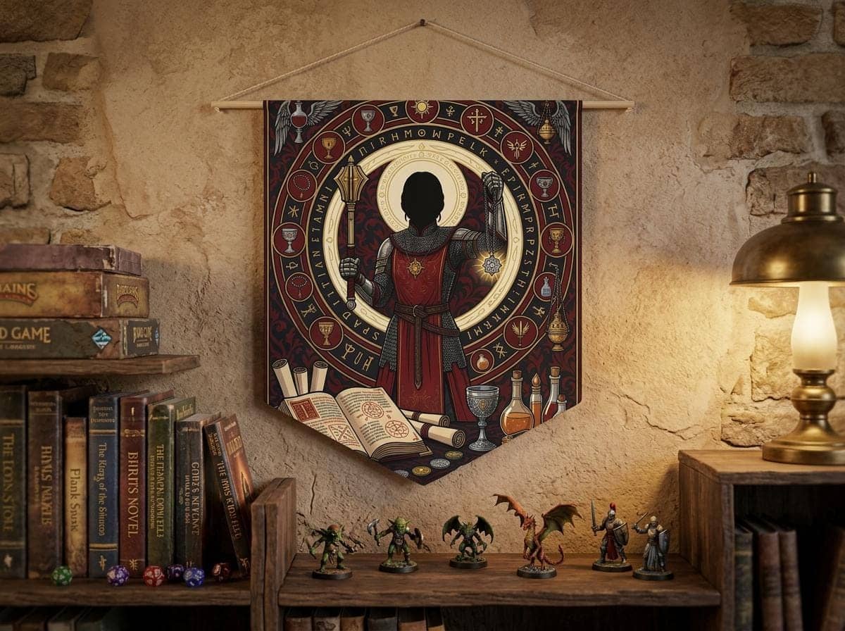 Divine fantasy female cleric illustration framed by glowing ivory sacred circles and holy relics, printed on a pennant, shown on the wall above a bookshelf