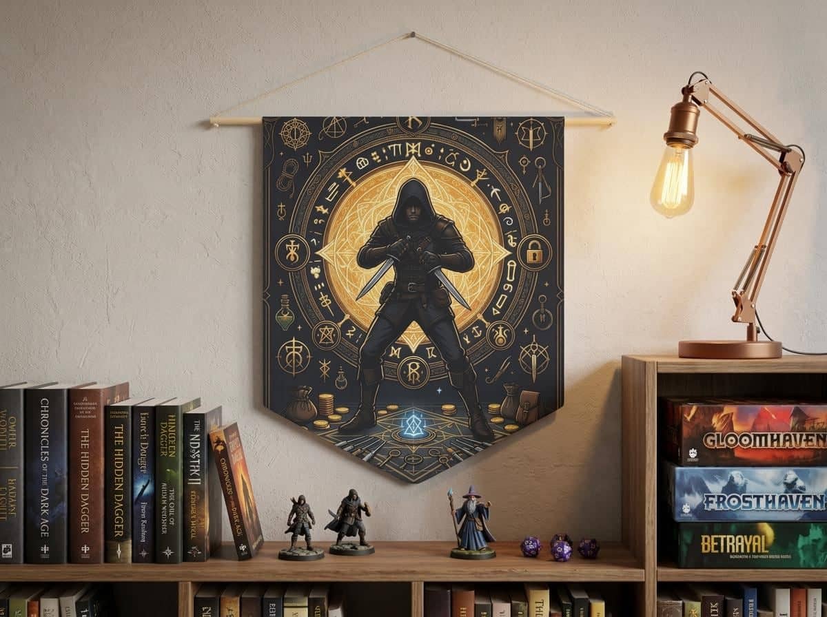 Cunning male human rogue illustration framed by shadowy arcane runes, twin daggers, and thieves' tools on a premium pennant, shown on the wall above a bookshelf