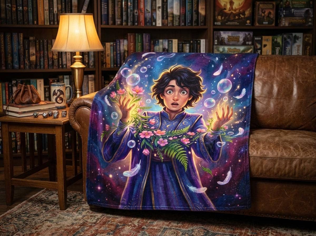 The ultimate inside joke for tabletop spellcasters: an ultra-soft, vibrant throw blanket depicting the chaotic panic of rolling a wild magic surge disaster mid-battle, shown on a game room couch