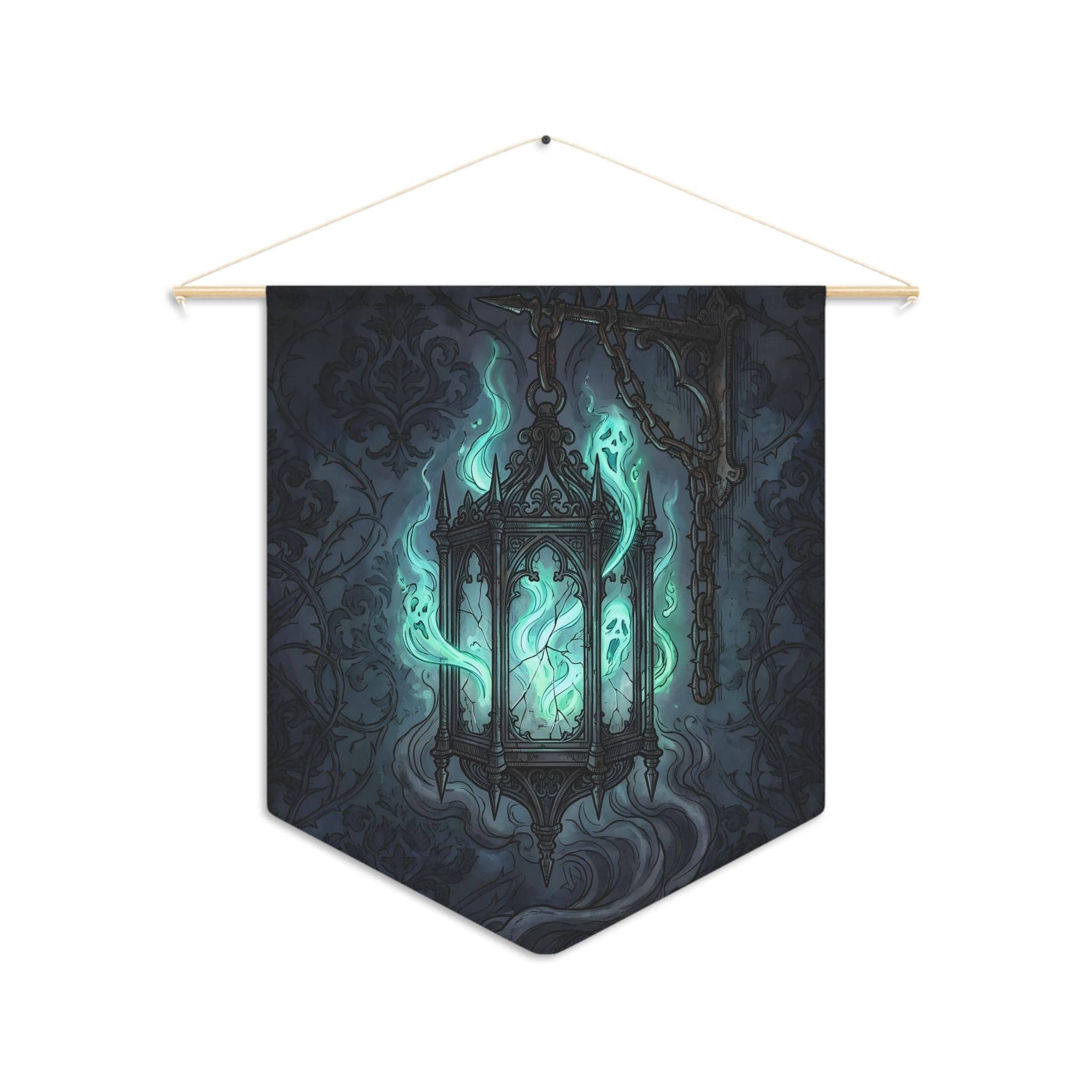 A dark fantasy gothic wall pennant showcasing a glowing spirit cage lantern, crafted as a moody Halloween game room centerpiece and campaign table backdrop, front view