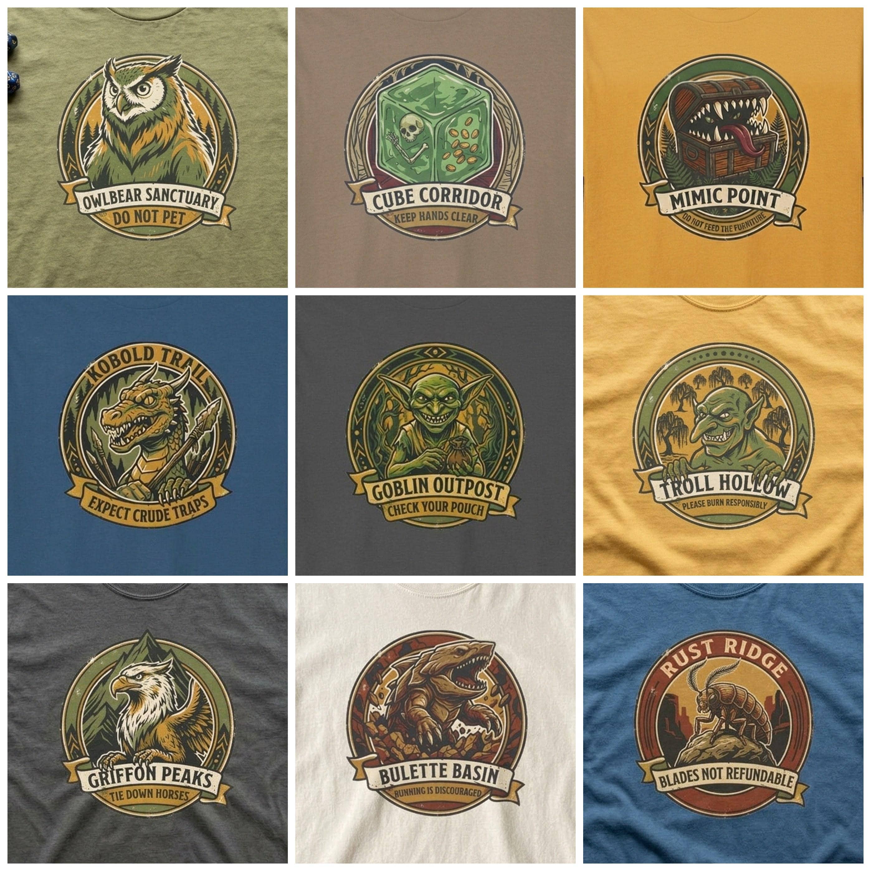 Deadpan national park badge tee warning dungeon adventurers against hungry furniture, with all 9 designs of the Tabletop Monster Sanctuary Badges side by side, shown on a the set