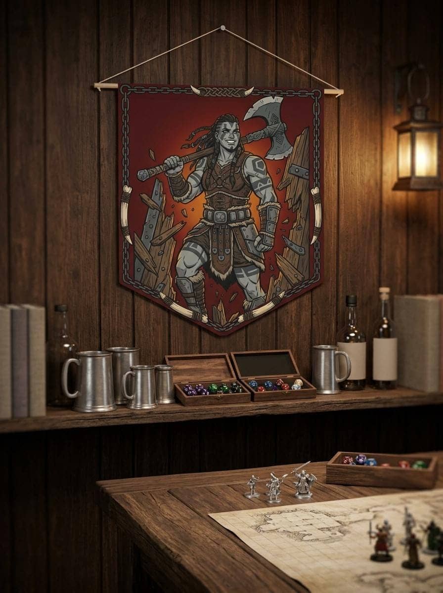 Bold, humorous game room wall pennant celebrating the iconic brute-force moment when the barbarian kicks the dungeon door off its hinges instead of picking the lock, shown on a tavern wall