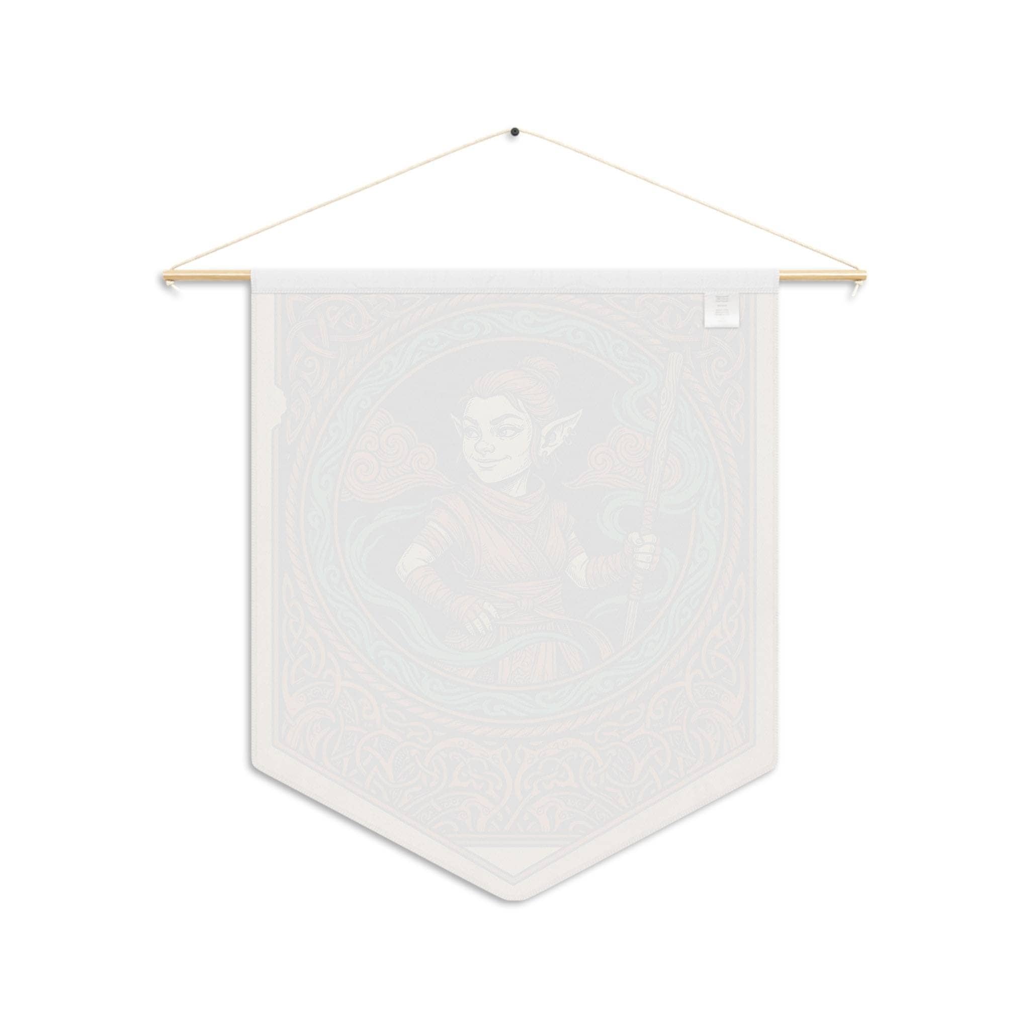 Vintage heraldic gnome monk pennant flag designed to elevate RPG campaign corners and gaming battle stations with authentic medieval heraldry and serene martial ki, back view