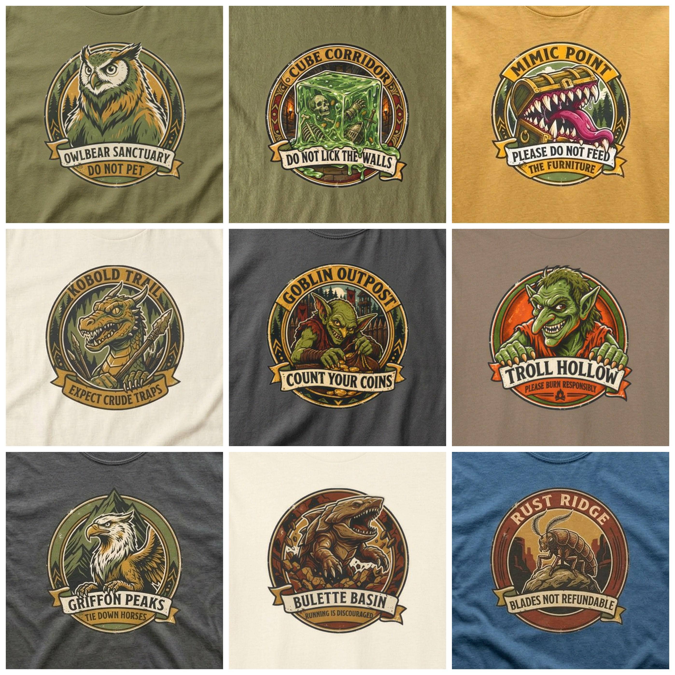 Vintage national park souvenir graphic tee featuring tabletop gaming's favorite deadly predator alongside a cheeky 'Do Not Pet' warning for players who insist on taming wilderness monsters, with all 9 designs of the Tabletop Monster, shown on a the set