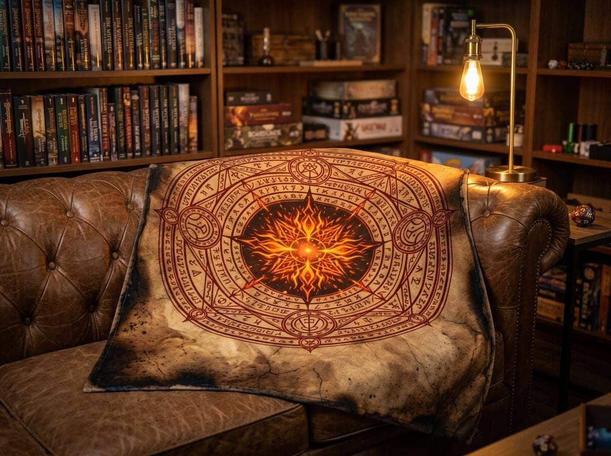 An oversized cozy fleece throw illustrated edge-to-edge as an ancient, singed arcane scroll casting 8d6 Fireball, shown on a game room couch