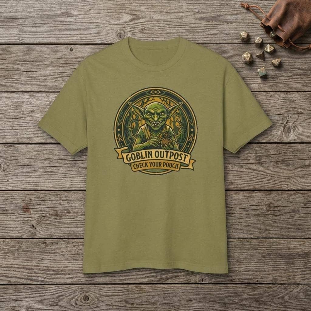 Deadpan national park style graphic tee warning tabletop adventurers to guard their coin pouches from grinning goblin scavengers, shown laid flat among dice