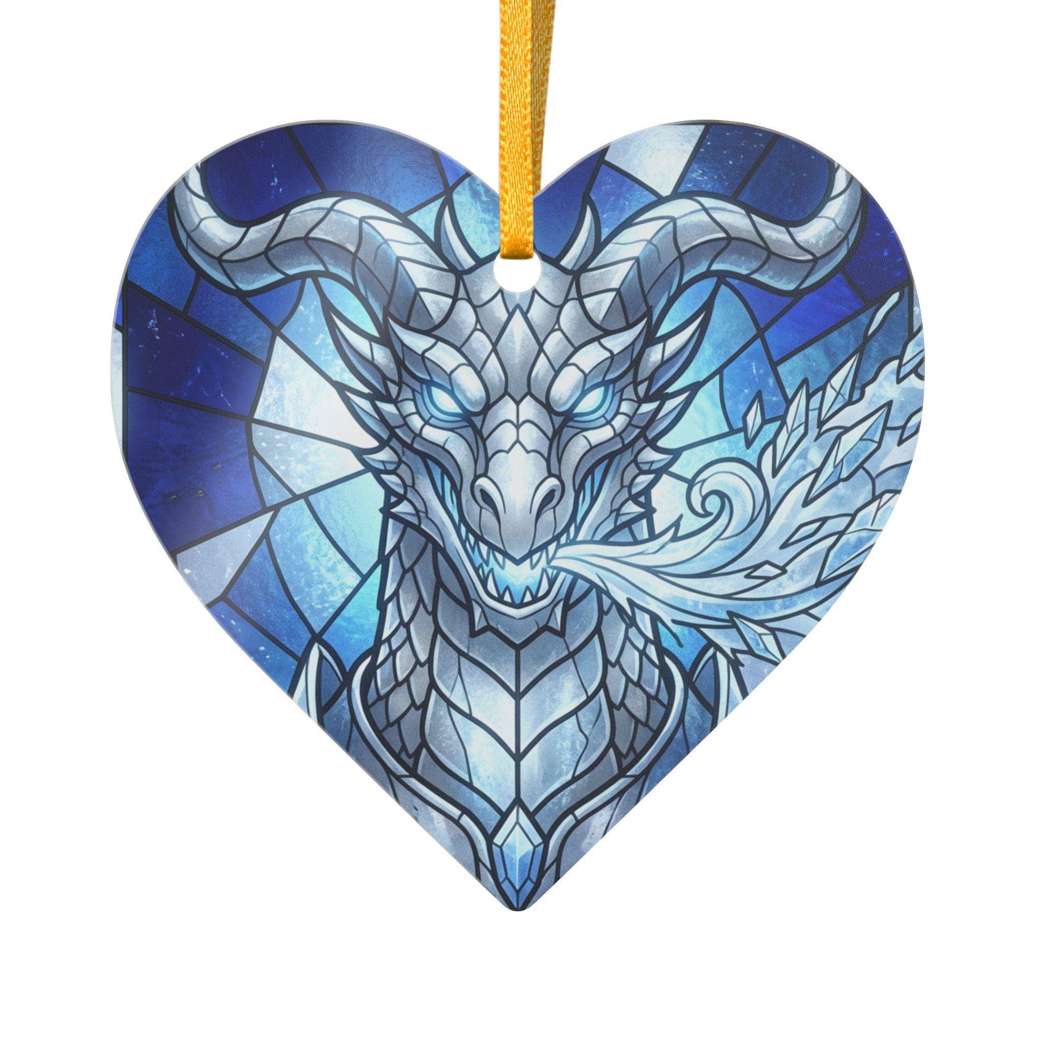 A vibrant stained-glass style circular ceramic holiday ornament featuring a silver dragonborn breathing crystalline frost, front view