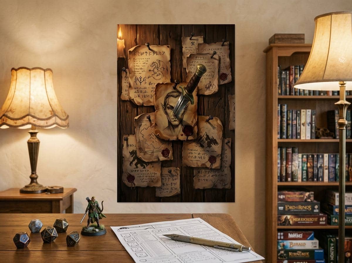 Transforms any room into a life-sized adventurer's tavern bulletin board pinned with scorched quest contracts, crimson wax seals, and an embedded iron dagger, printed on a poster, shown on a game room wall