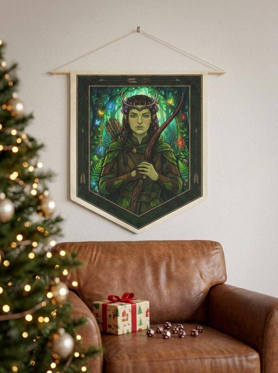 Subverts brutal half-orc tropes with enchanting Feywild cottagecore charm, printed on a pennant, shown as a gift