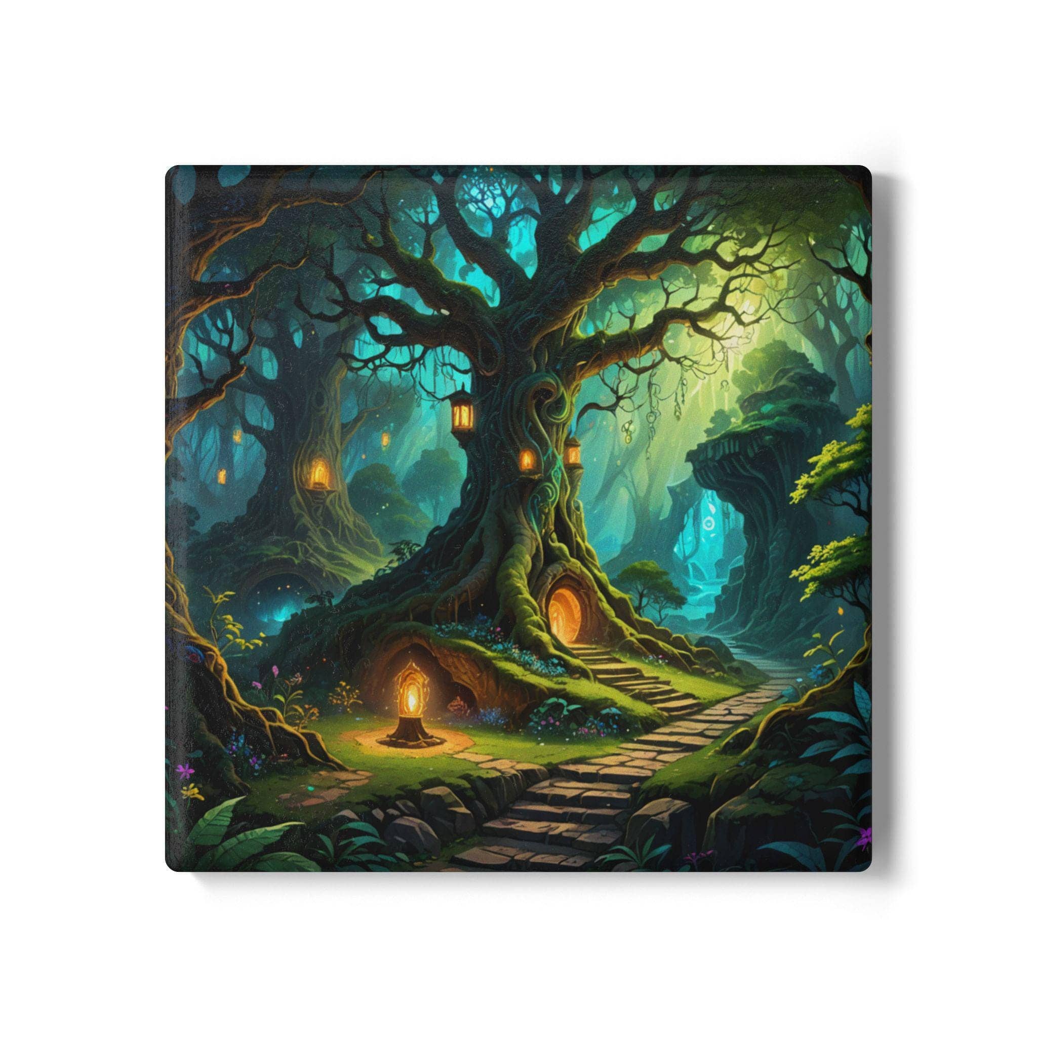 A captivating magical forest scene with a glowing tree and lanterns, printed on a coaster, front view