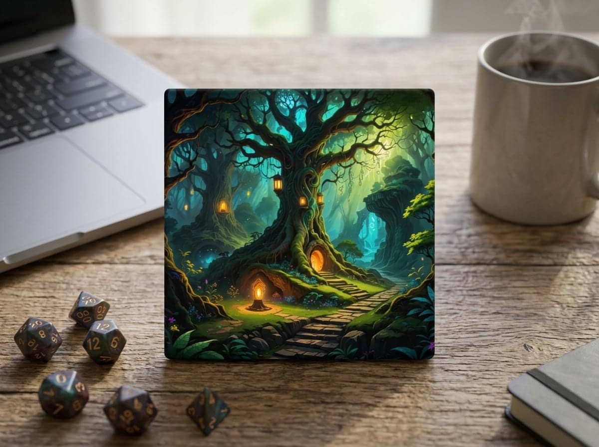 A captivating magical forest scene with a glowing tree and lanterns, printed on a coaster, shown on a desk