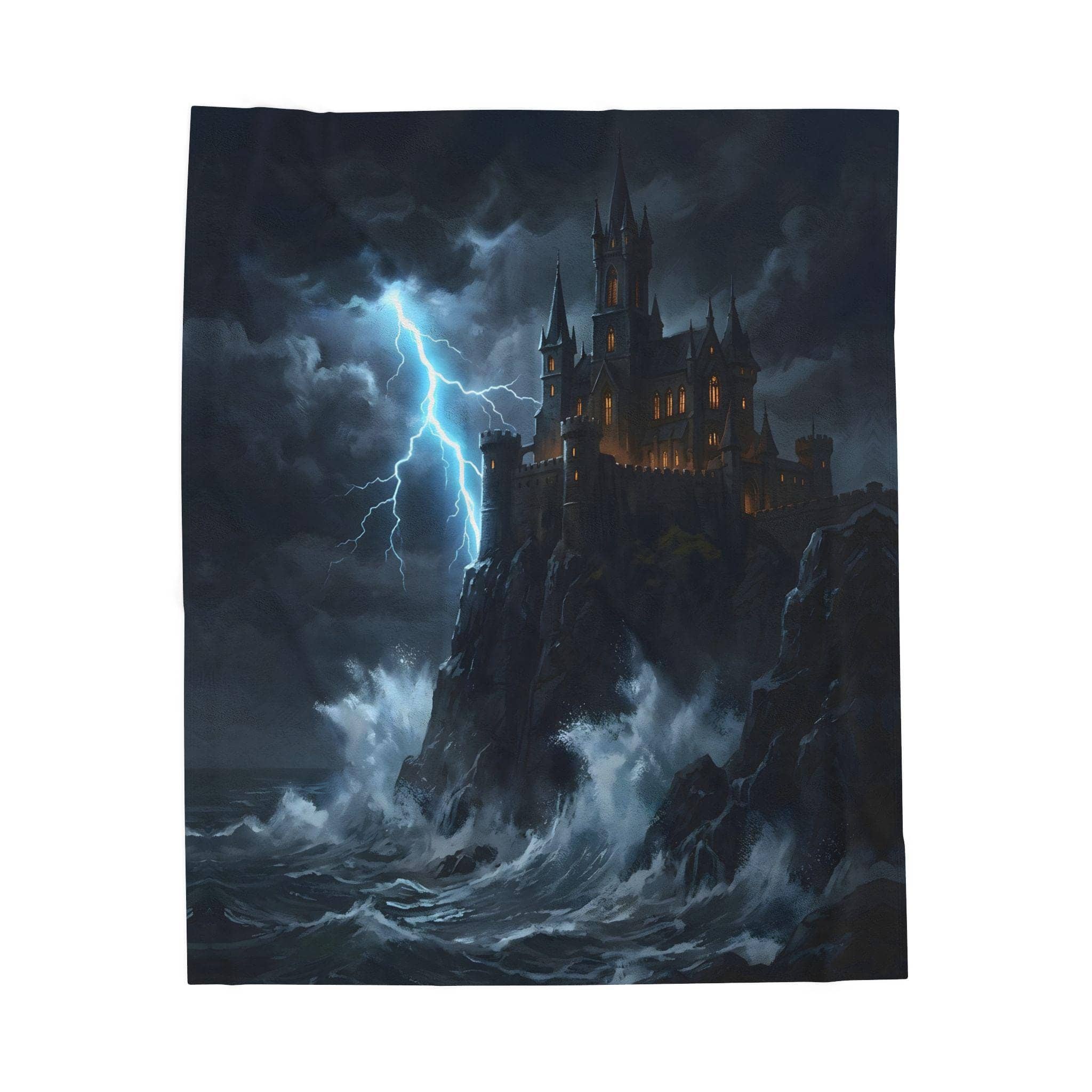 A rugged clifftop fortress defying ocean squalls and lightning, printed edge-to-edge on a plush sherpa throw blanket designed to keep players cozy during marathon tabletop campaign nights, front view