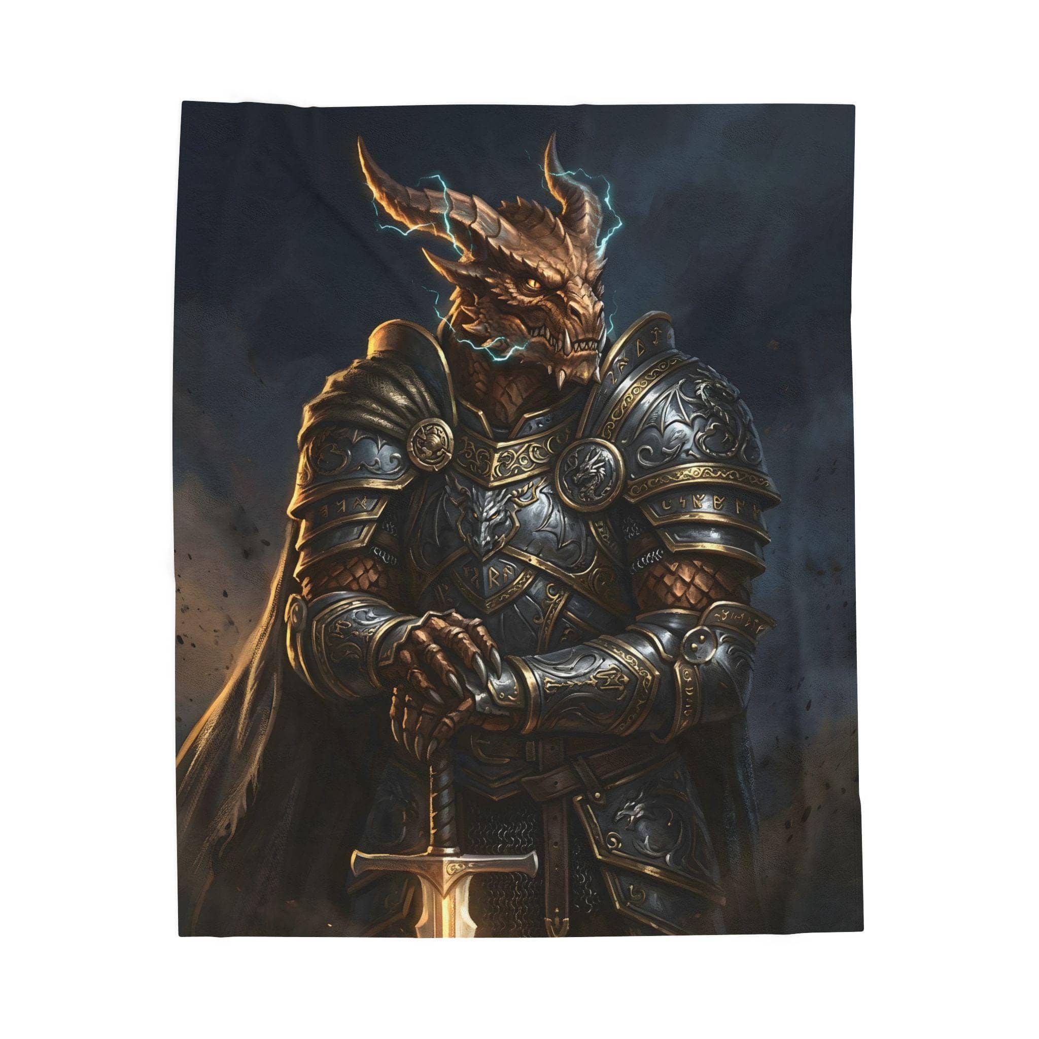 A plush fantasy throw blanket spotlighting a fierce bronze dragonborn paladin in etched plate armor, built to keep tabletop adventurers warm during long campaign sessions while doubling as dramatic game room wall or couch decor, front