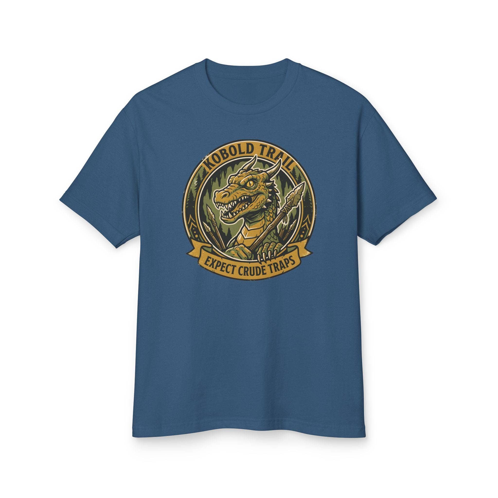 Deadpan national park style graphic tee warning tabletop adventurers to watch their step for crude traps along the kobold trail, front view