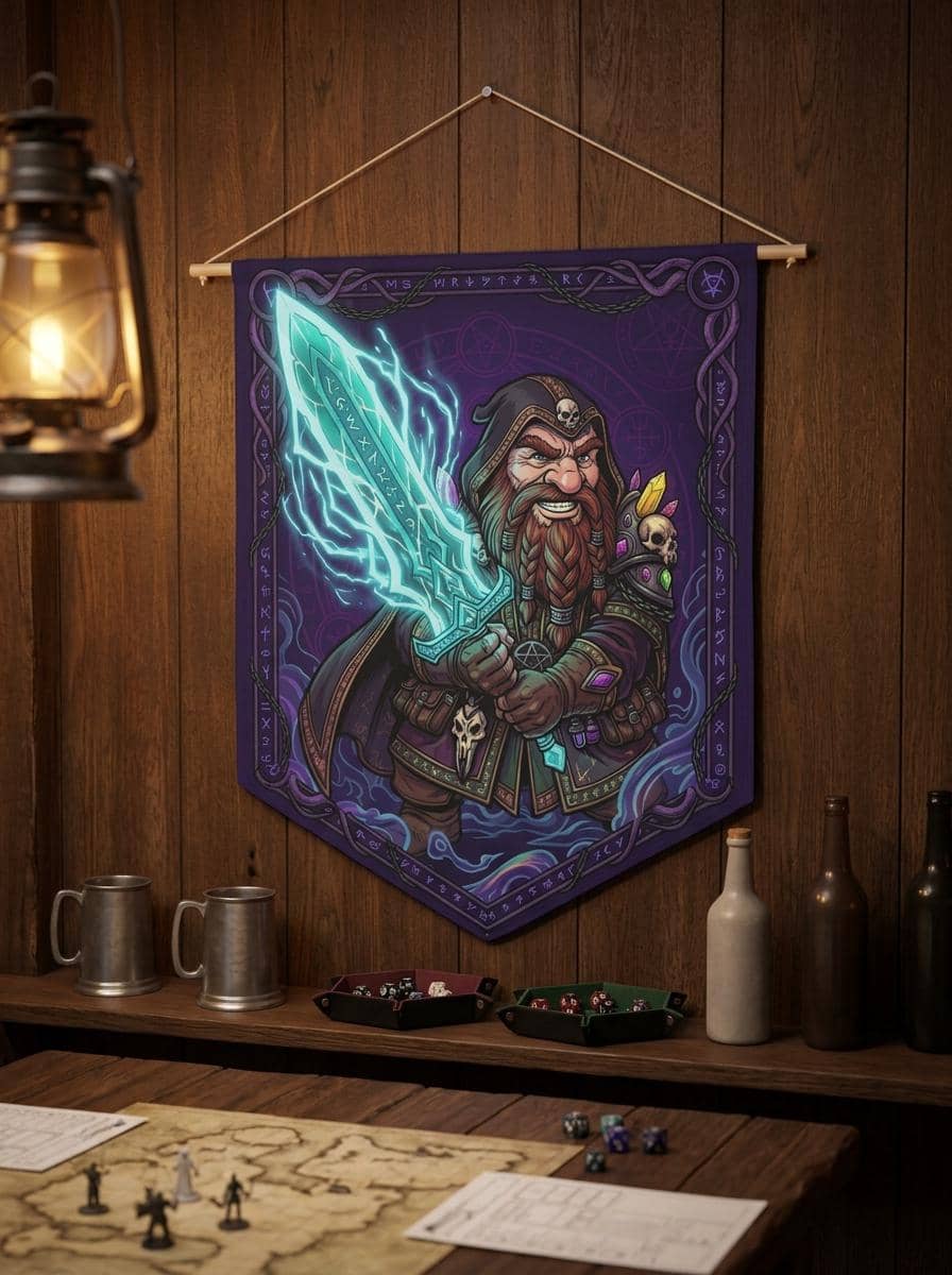 Graphic fantasy felt-style pennant featuring a fierce gnome warlock channeling a massive cyan spectral greatsword, shown on a tavern wall