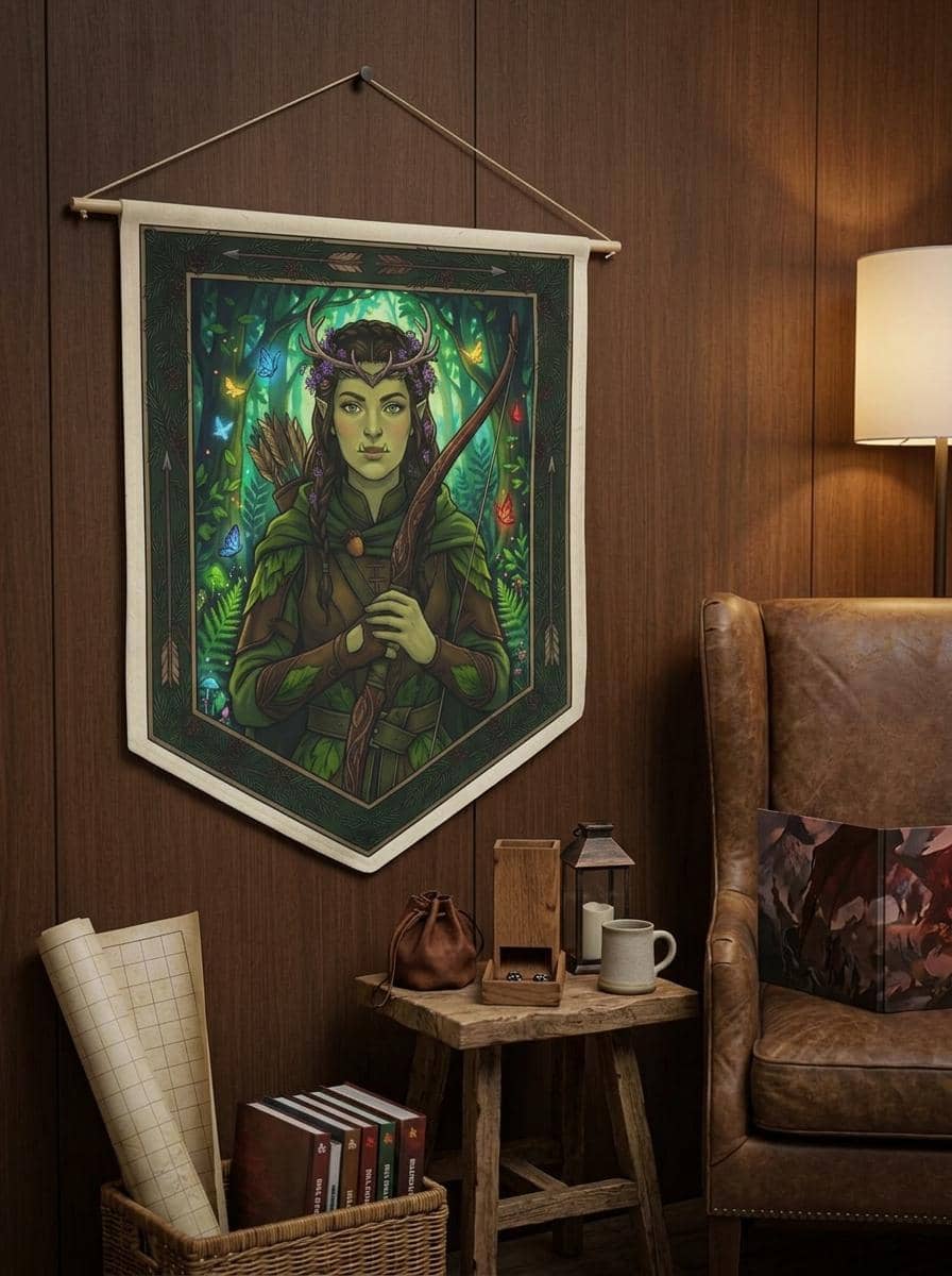 Subverts brutal half-orc tropes with enchanting Feywild cottagecore charm, printed on a pennant, shown in a cosy den corner