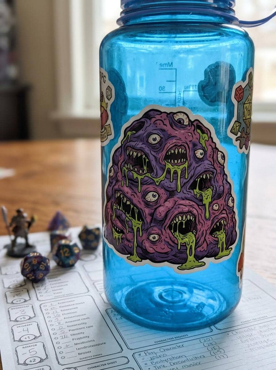 A grotesque aberrant monster sticker engineered for Dungeon Masters and eldritch horror enthusiasts personalizing laptops and hydro flasks, shown on a water bottle