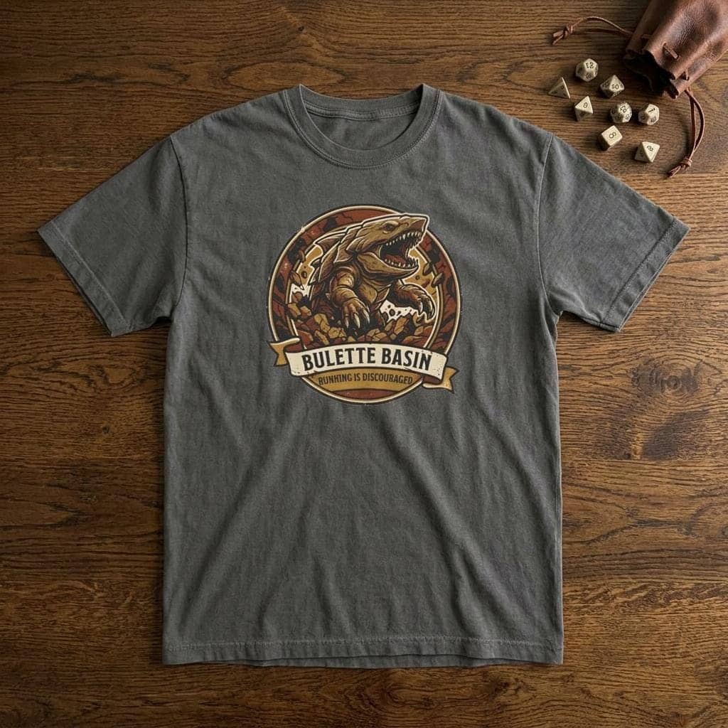 Vintage national park souvenir graphic tee featuring tabletop gaming's armored landshark burrower, paired with deadpan trail advice warning adventurers that running only draws its tremorsense, shown laid flat among dice