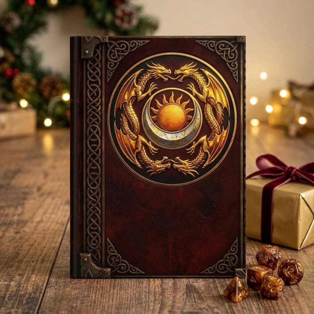 Hardcover ruled fantasy campaign journal designed as an ancient pact tome, shown as a gift