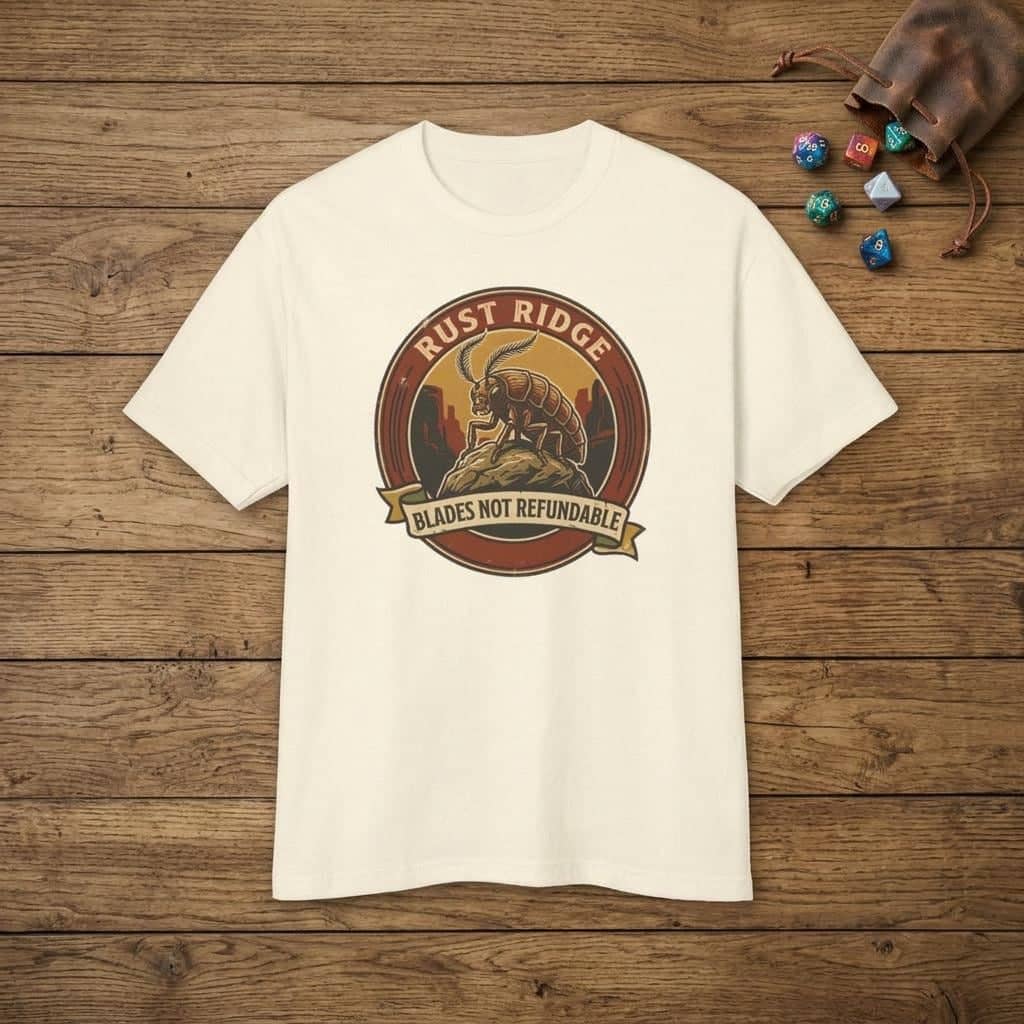 Vintage national park souvenir graphic tee featuring tabletop gaming's notorious metal-eating armored insectoid paired with a deadpan park ranger weapon warning for dungeon crawlers and roleplaying gamers, shown laid flat among dice