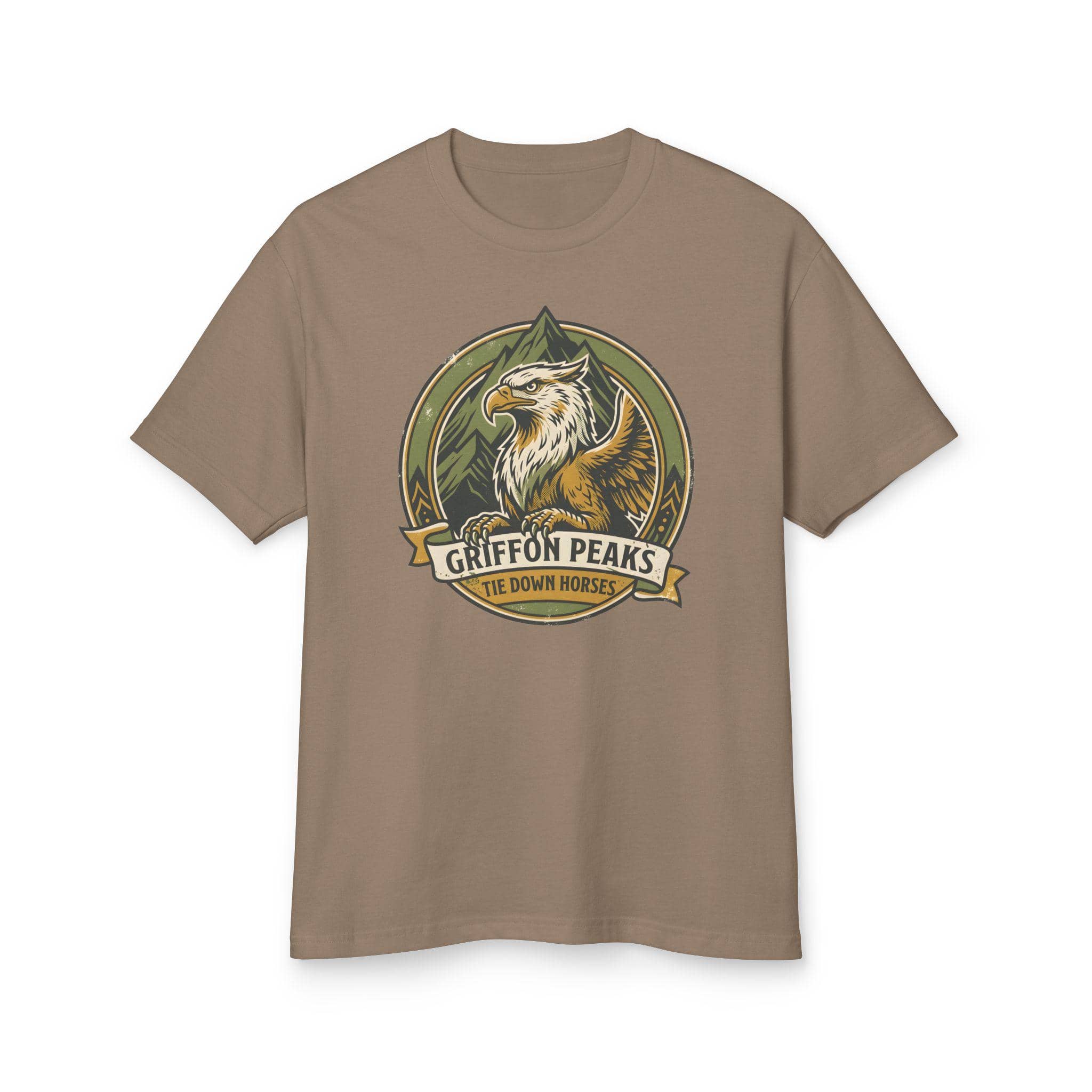 Vintage national park parody tee featuring a noble mountain griffon alongside a deadpan ranger warning for traveling adventurers to keep their prized mounts secured, front view