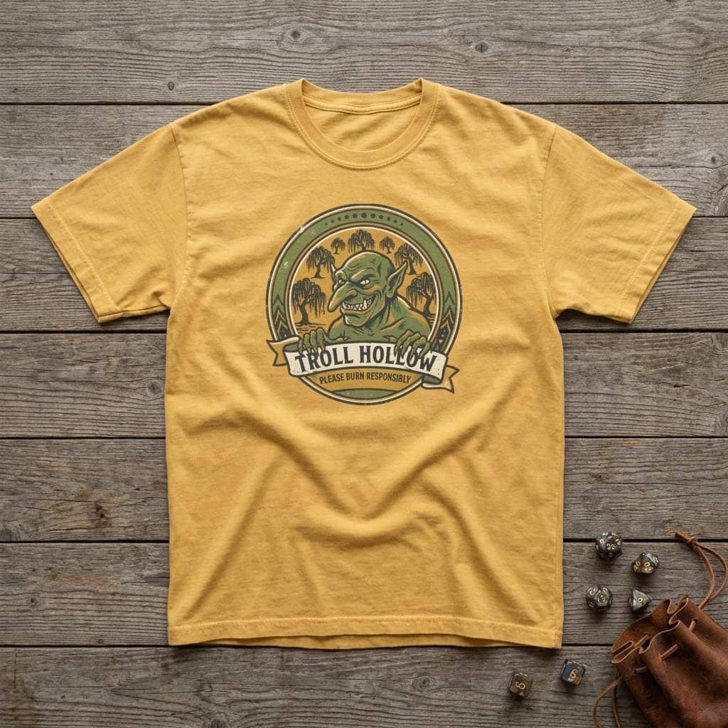 Vintage national park parody tee featuring a gangly swamp troll alongside a deadpan 'Please Burn Responsibly' fire warning for tabletop adventurers exploring monster-infested wetlands, shown laid flat among dice