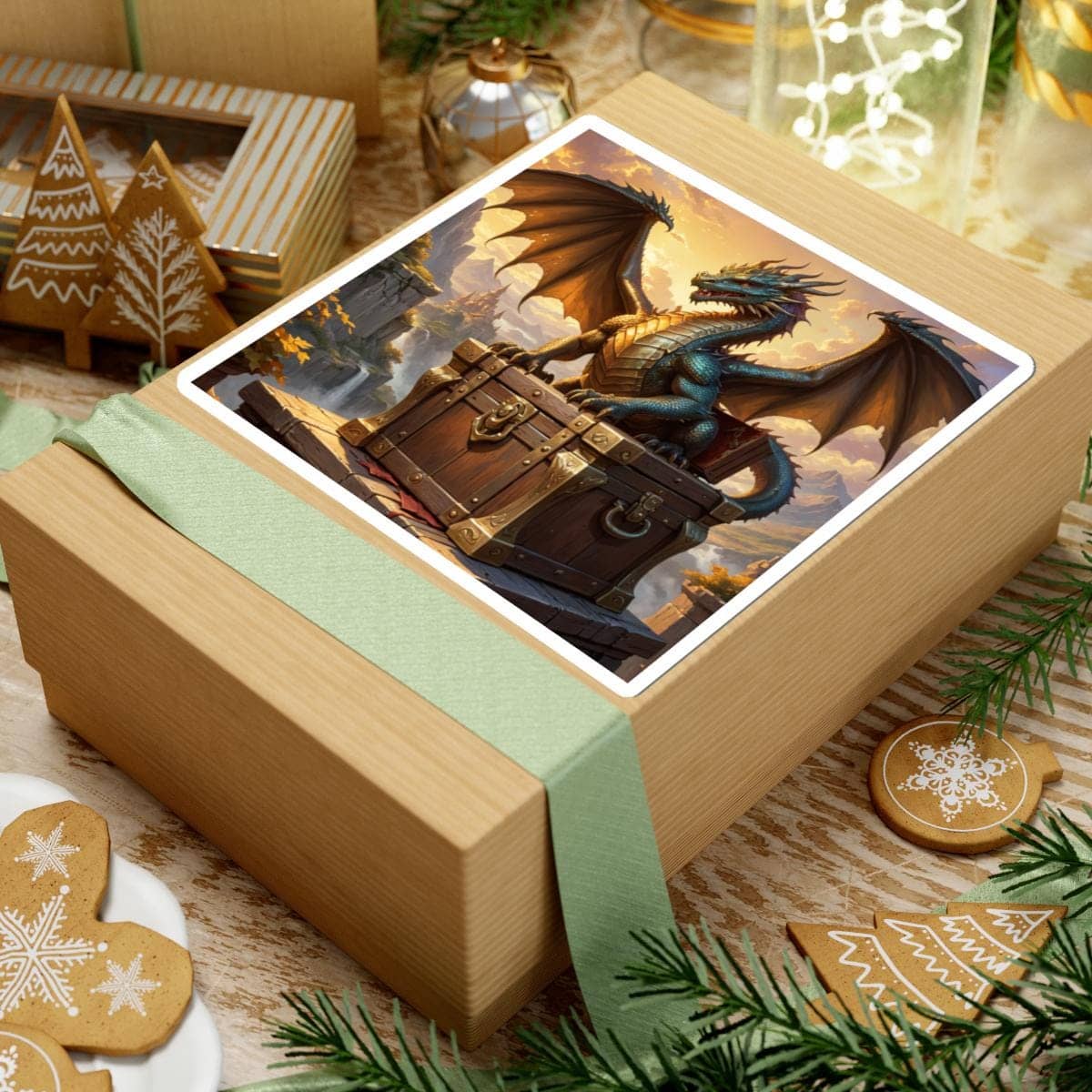 Epic fantasy sticker features a dragon perched atop a treasure chest, overlooking a castle and mountainous landscape with a waterfall