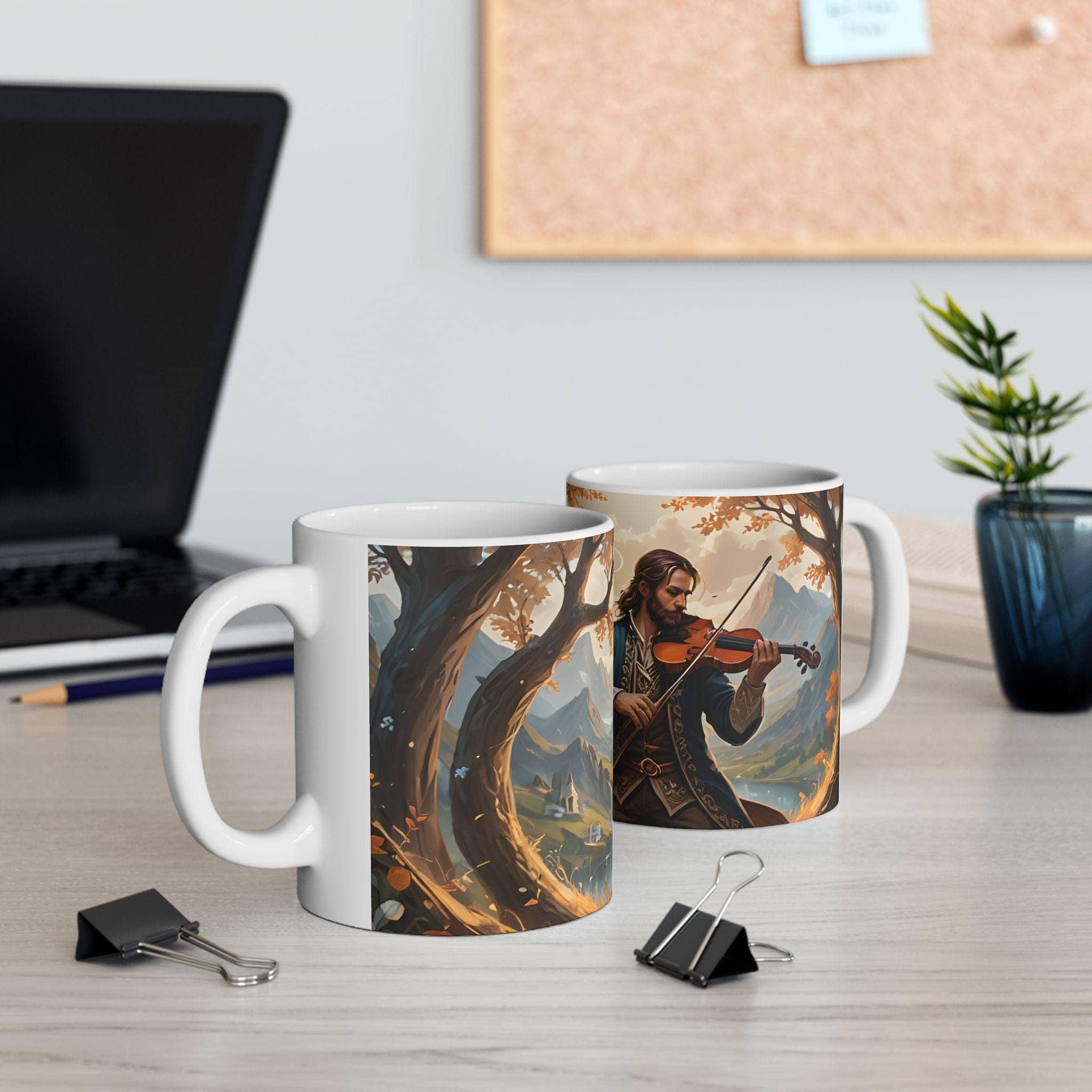 Unique mug features a bard playing a lute, in a room setting