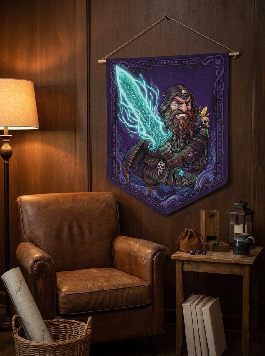 Graphic fantasy felt-style pennant featuring a fierce gnome warlock channeling a massive cyan spectral greatsword, shown in a cosy den corner